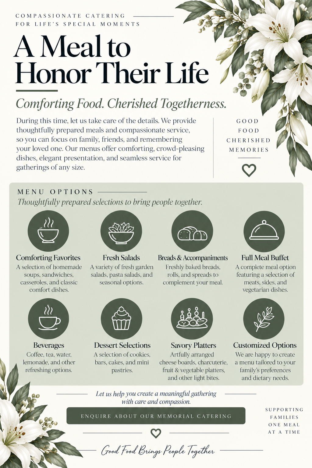 Flyer for a memorial catering service decorated with white lilies and green leaves. The flyer features headings, a detailed description of catering options, and various icons representing different food choices, emphasizing compassion and thoughtful service for life’s special moments.
