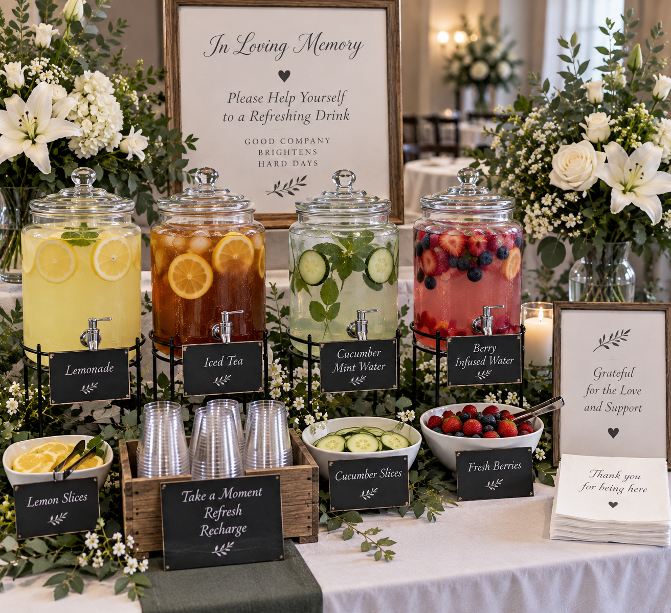 A beverage table with four large glass dispensers filled with lemon lemonade, iced tea, cucumber mint water, and berry infused water, surrounded by flower arrangements and signs on a white tablecloth.