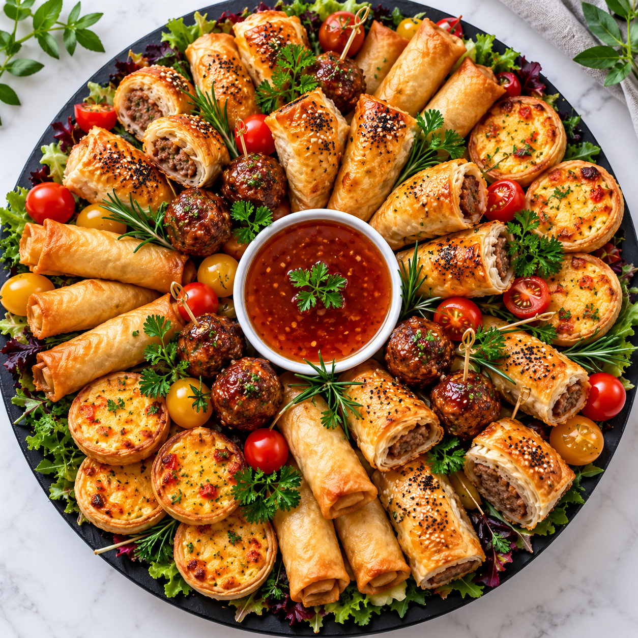 A black platter of assorted spring rolls, meatballs, mini quiches, cherry tomatoes, and fresh herbs, with a bowl of dipping sauce in the center on a white marble surface.