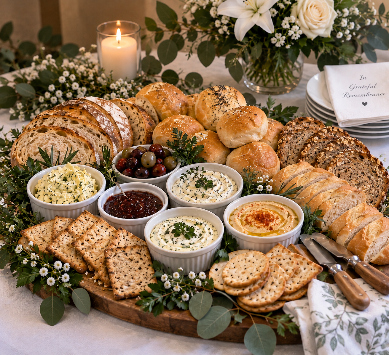 A large wooden platter with assorted baked bread, crackers, cheese, spreads, and a bowl of grapes, surrounded by greenery and small white flowers, with a lit candle and floral arrangement in the background.