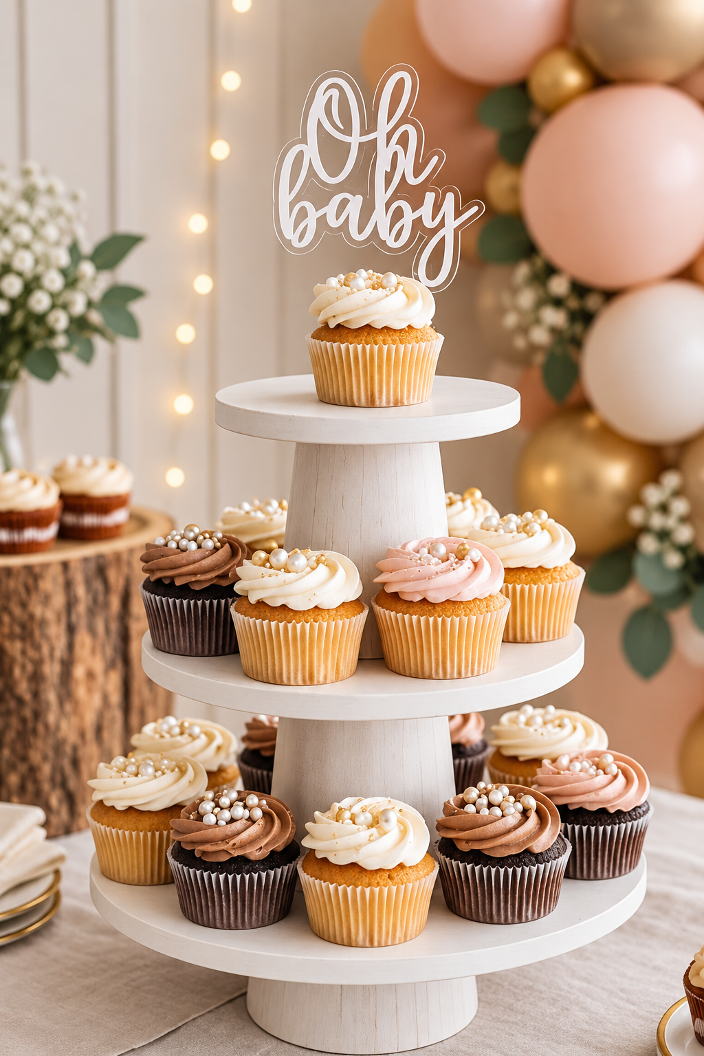 A three-tiered white display stand with cupcakes decorated with white, pink, and chocolate frosting and pearl-like sprinkles, at a baby shower celebration with pastel balloons and flowers in the background.