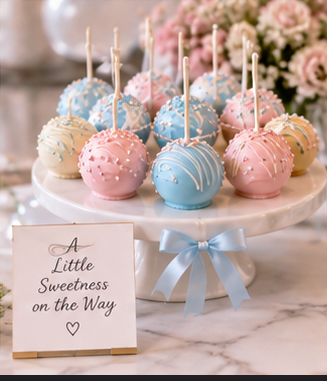 Cake pops in pink, blue, and white with sprinkles on a white cake stand decorated with a blue ribbon, and a card that reads 'A Little Sweetness on the Way'.