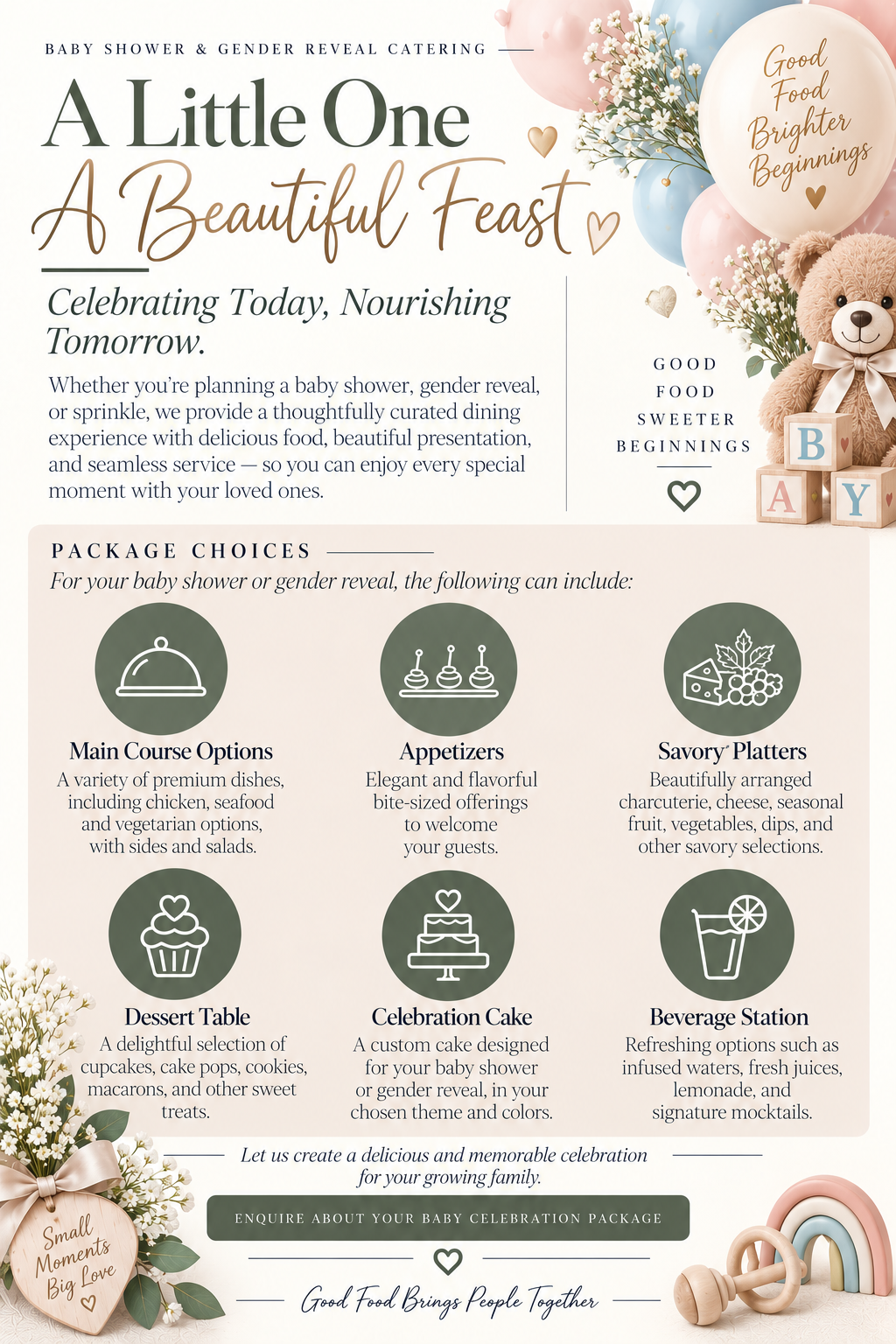 Baby shower and gender reveal catering flyer with pastel balloons, flowers, teddy bear, alphabet blocks, rainbows, and a list of menu and package options.