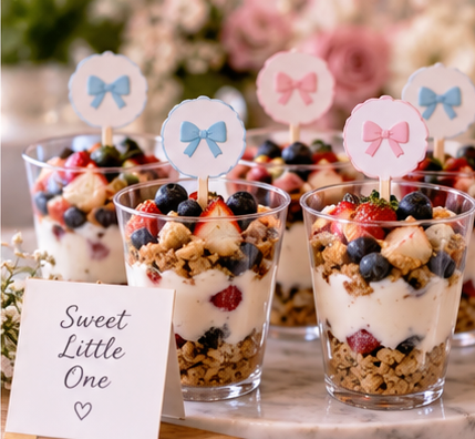 Individual dessert cups layered with yogurt, blueberries, strawberries, and crushed cookies, topped with pink and blue bow-topped paper picks, and a small white card reading 'Sweet Little One' with a heart.