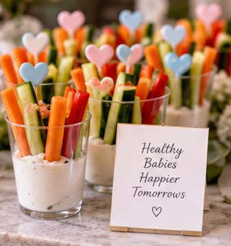 Clear cups with colorful veggie sticks and a sign reading 'Healthy Babies Happier Tomorrows' next to a heart symbol.
