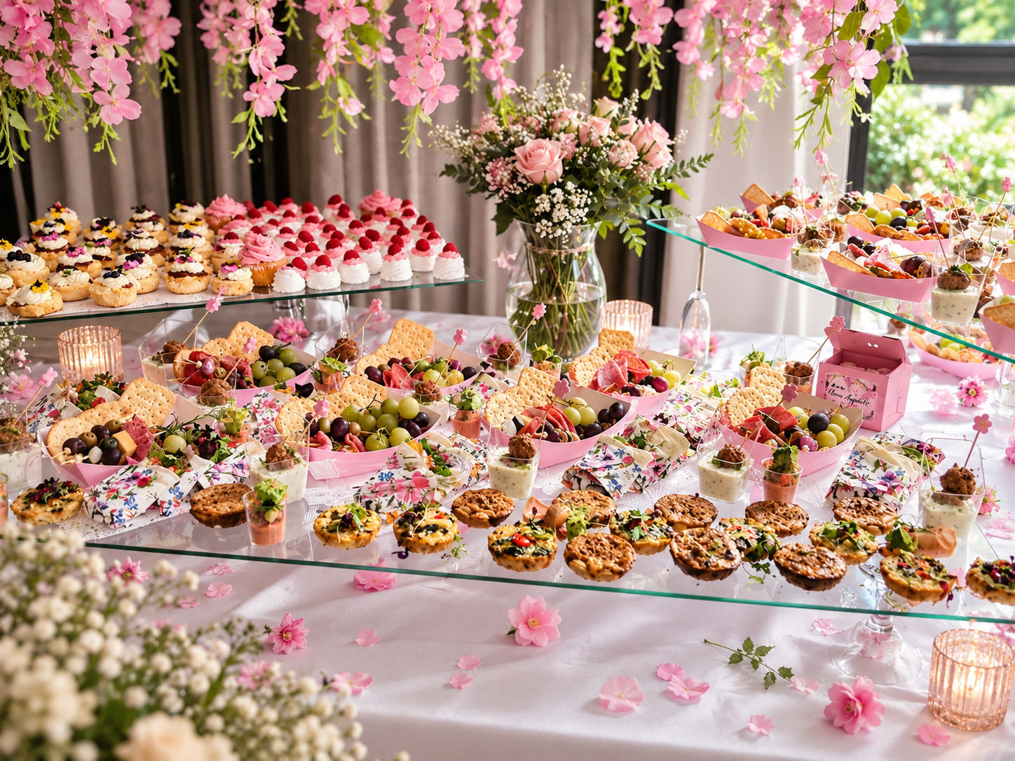 A dessert table decorated with pink flowers and a variety of sweet treats including cupcakes, cookies, grapes, and fruit parfaits, with floral accents and pink-themed decorations.