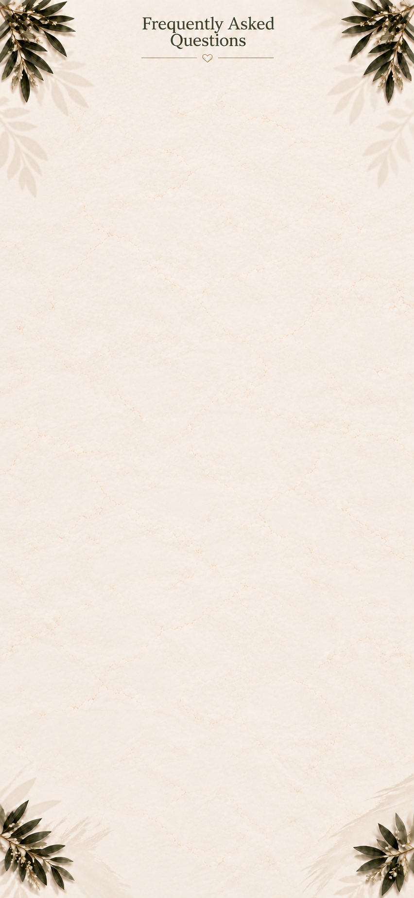 A decorative vertical FAQ template with a beige marbled background, featuring green foliage in the top left and bottom right corners and the text 'Frequently Asked Questions' at the top center.
