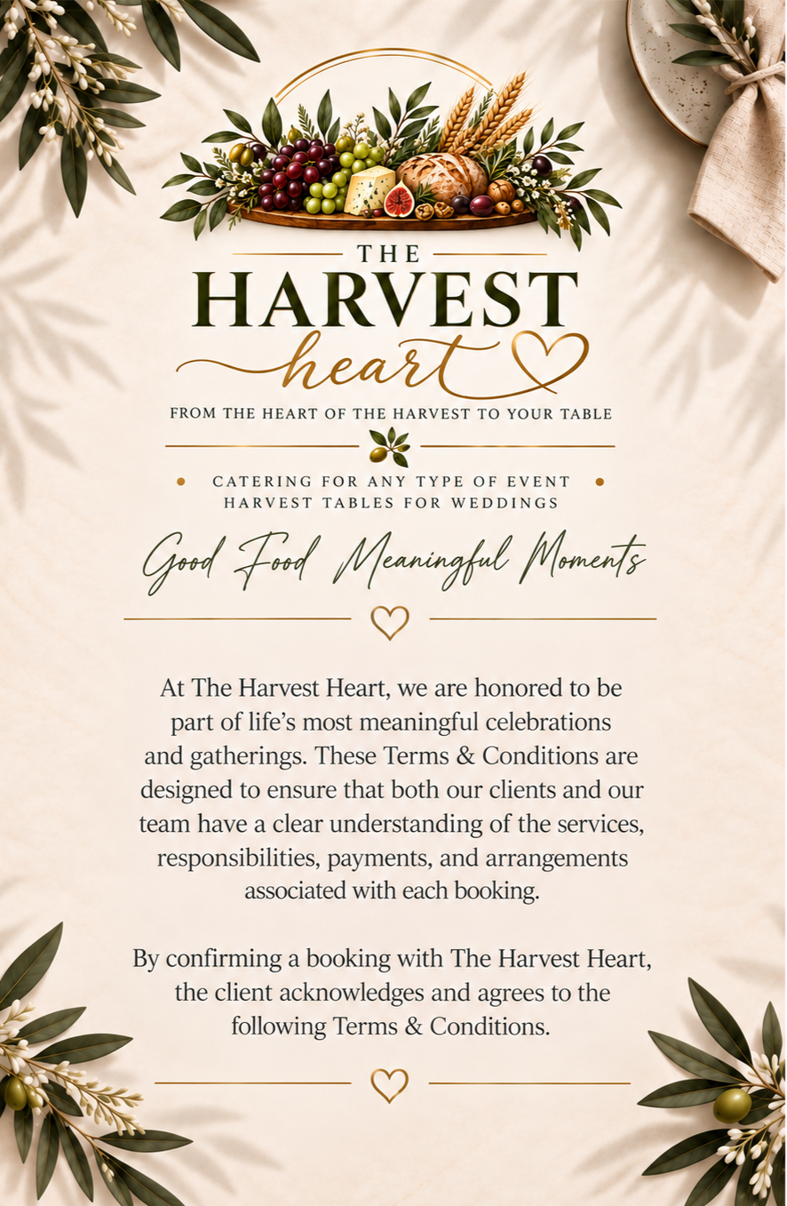 A wedding or event catering menu with a harvest theme, featuring a floral and fruit centerpiece at the top, surrounded by greenery and decorative elements.