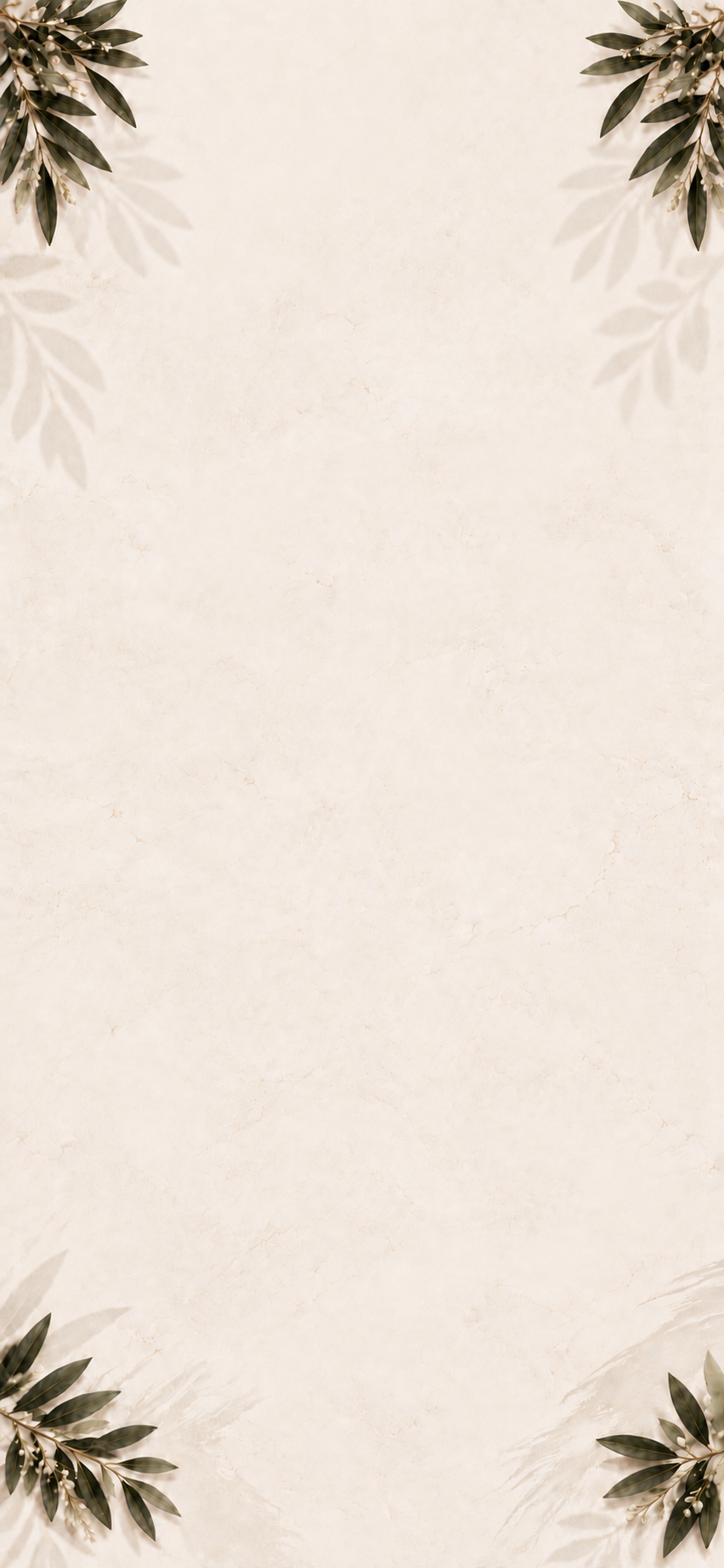 Neutral beige textured background with green olive branches with small white olives at the corners.