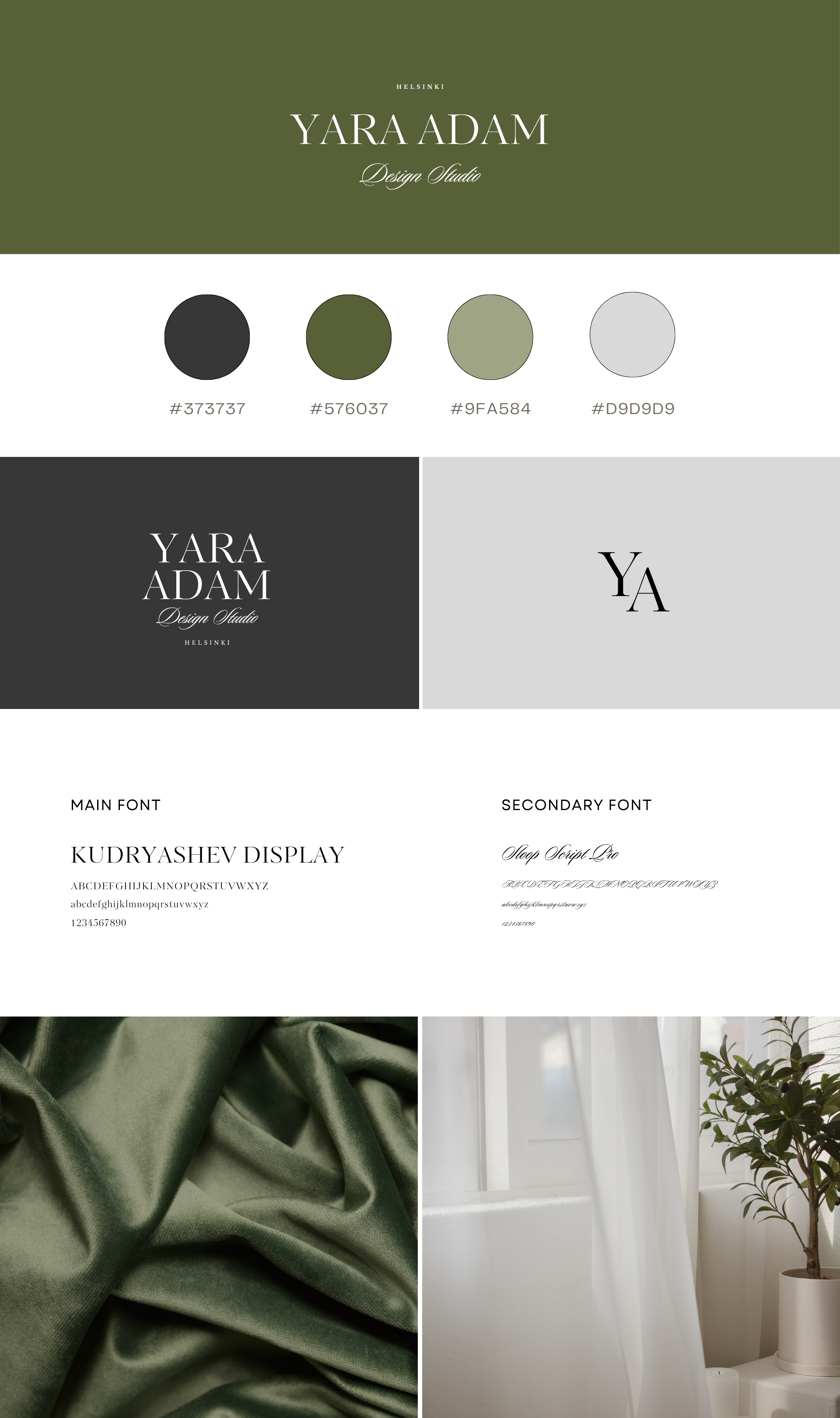 Design studio branding image with color palette, typography samples, and interior photos of a room with white curtains and a potted plant.