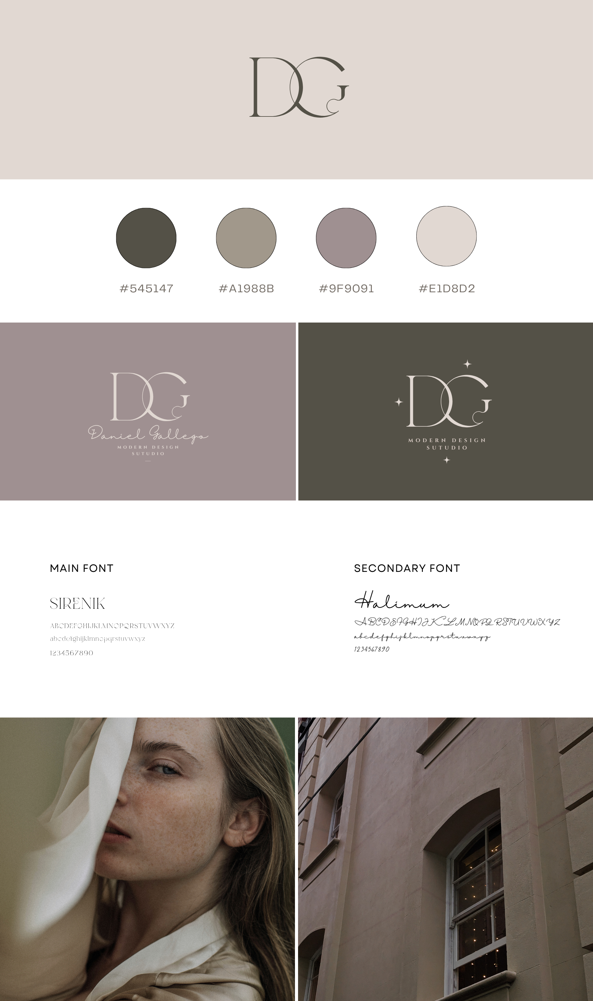 A graphic design mood board for a brand with initials D and G. It features color palettes in shades of gray and taupe, and displays two logo variations with the text "Daniel Gallegos" and "Modern Design Studio". The design employs serif fonts with a minimalist style.