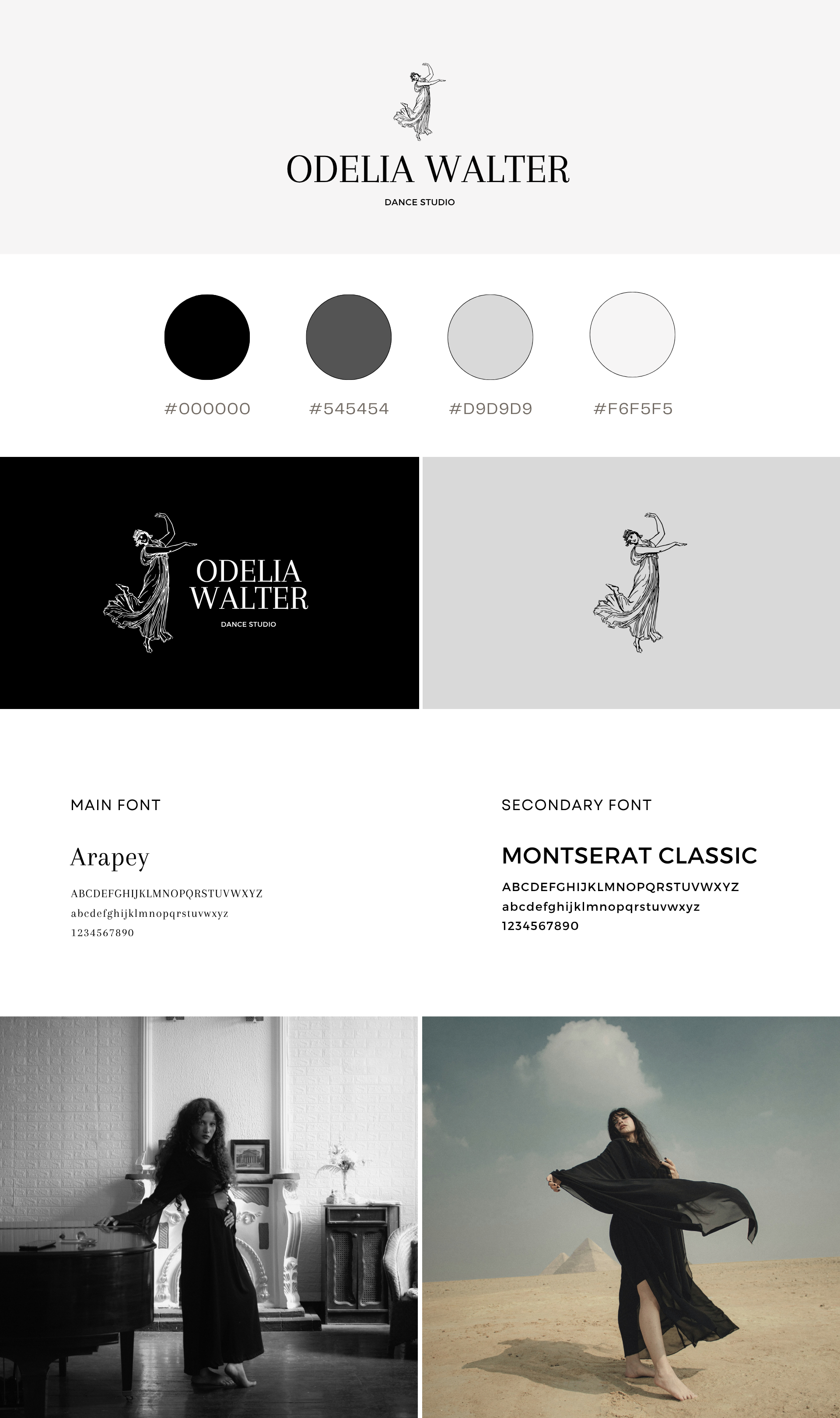 Collage of branding and photography for Odelia Walter Dance Studio, including logo, font samples, and photos of women dancing or posing in indoor and outdoor settings.