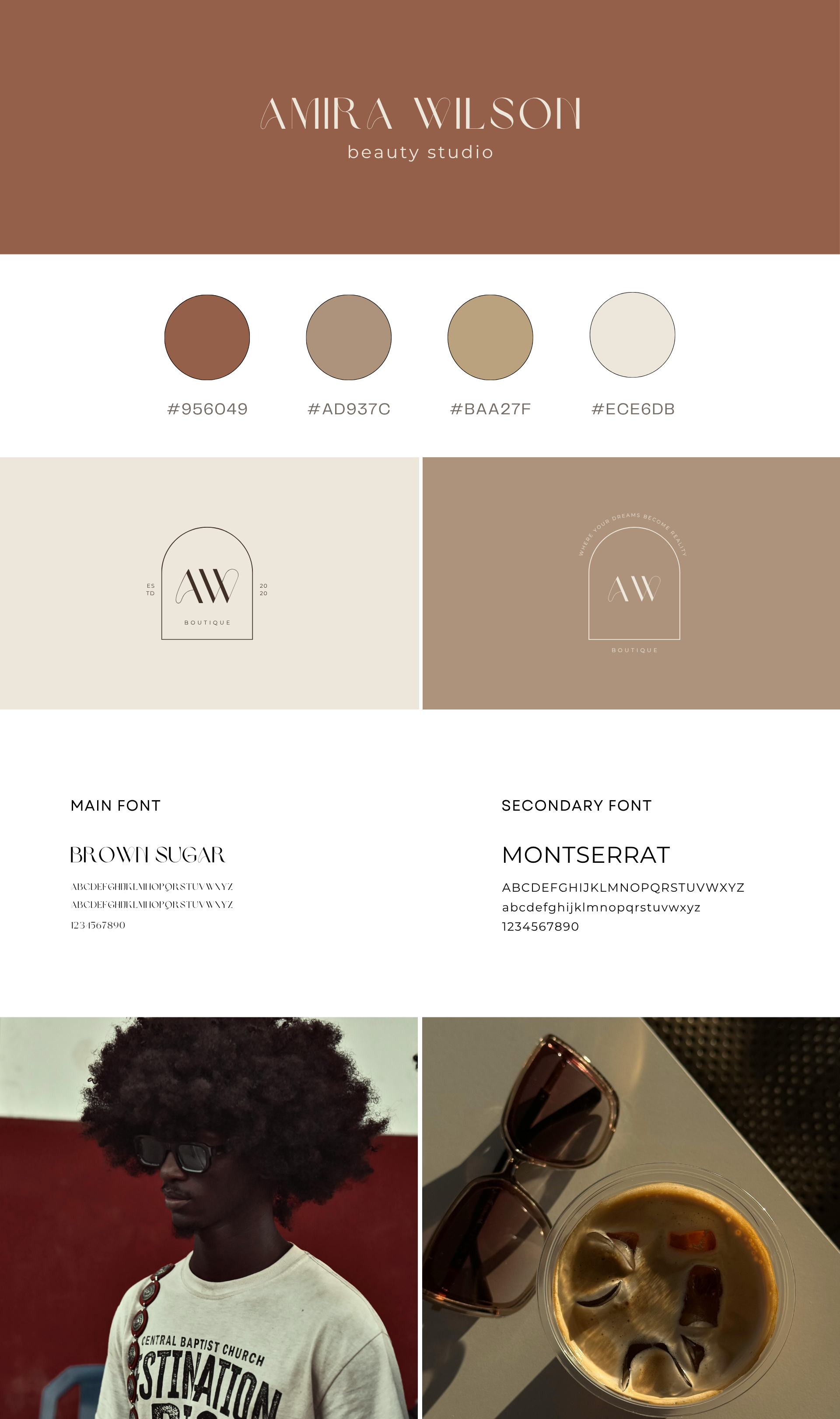 Color palette swatch with four shades from brown to beige, fashion logo with initials 'AW' and brand name 'Amira Wilson', woman with afro hairstyle wearing sunglasses, and a drink with ice cubes and a straw.