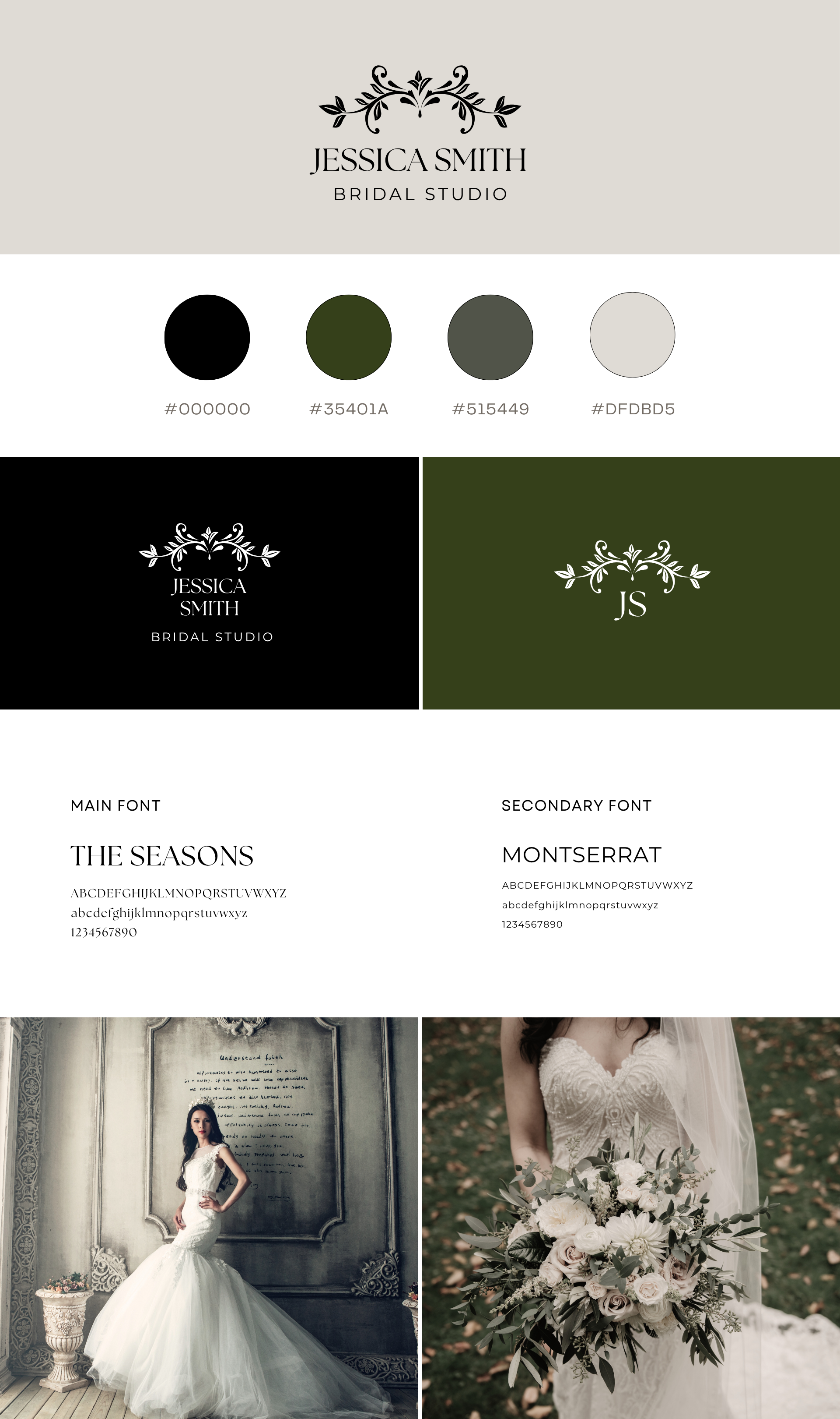 A branding style board for Jessica Smith Bridal Studio, featuring a logo with floral design and initials 'JS', color palette with black, olive green, dark gray, and off-white, font samples of 'The Seasons' and 'Montserrat', and photos of a woman in a wedding dress holding a bouquet of white flowers and greenery, set against a vintage backdrop and outdoors among fallen leaves.