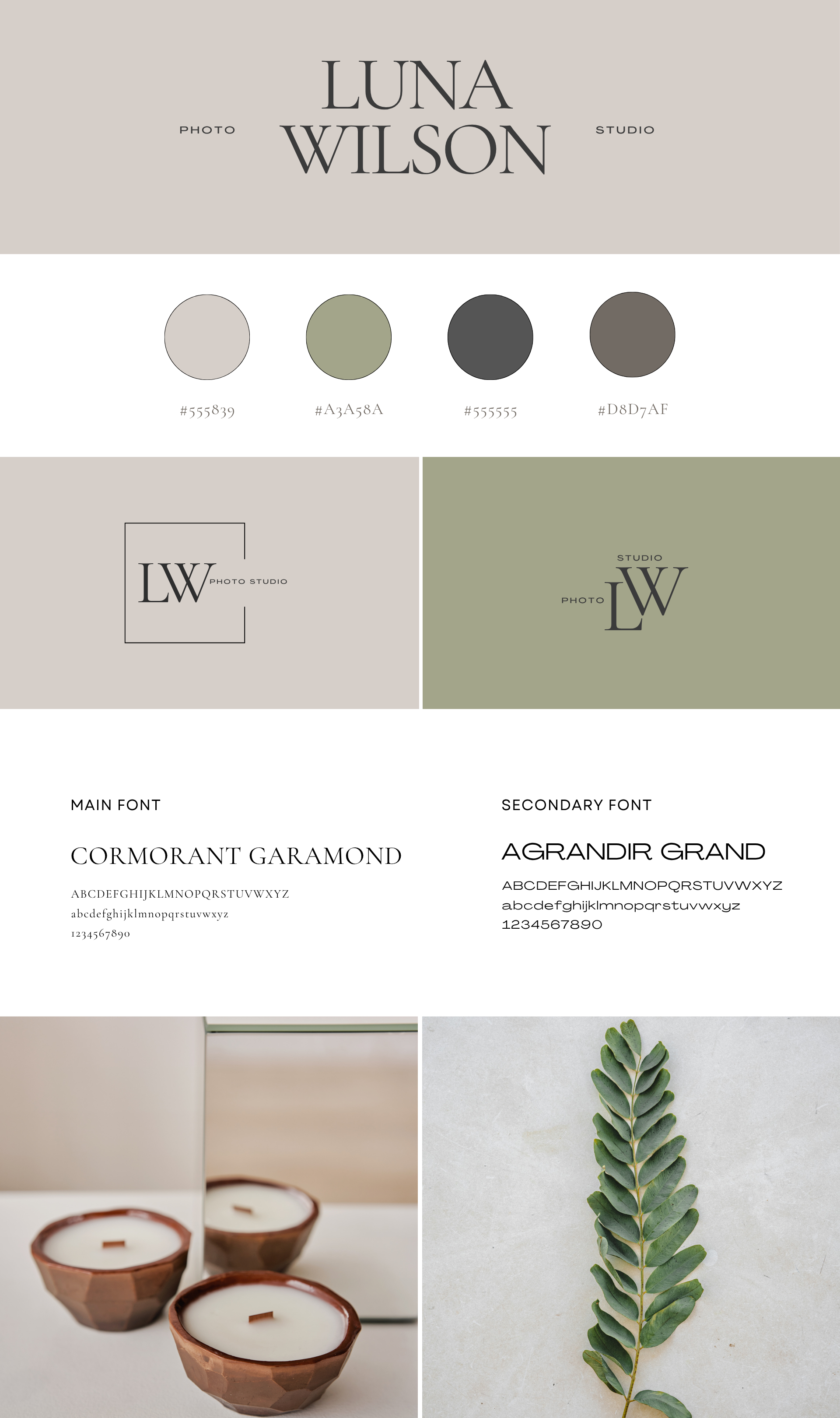 A graphic design featuring a beige background with the text 'LUNA WILSON' and 'PHOTO STUDIO' and 'STUDIO PHOTO' with color swatches and sample fonts. The bottom section shows two images, one of three candles in geometric holders, and another of a green leaf on a marble surface.