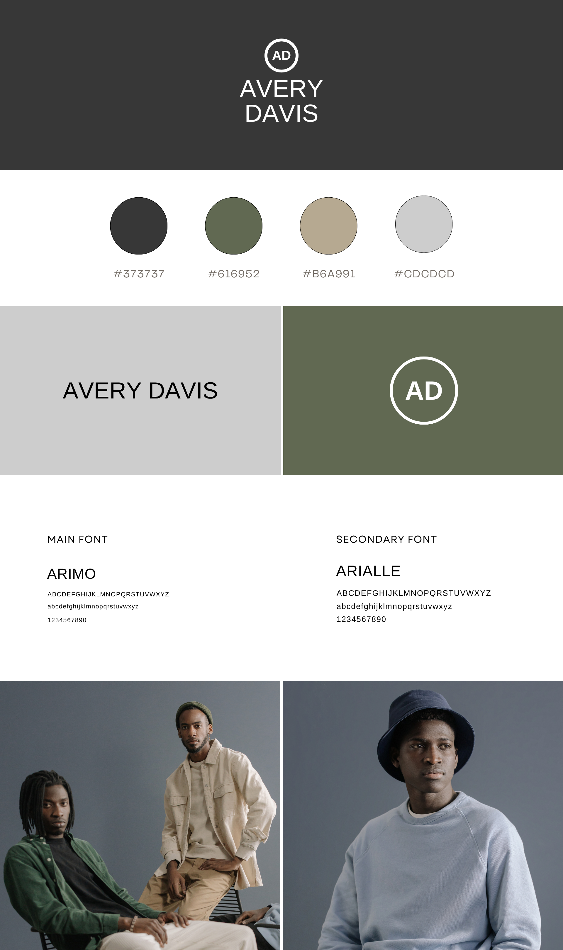 Fashion branding page featuring the name Avery Davis, color palette with four shades of gray and green, and two photos of male models dressed in casual clothing with neutral backgrounds.