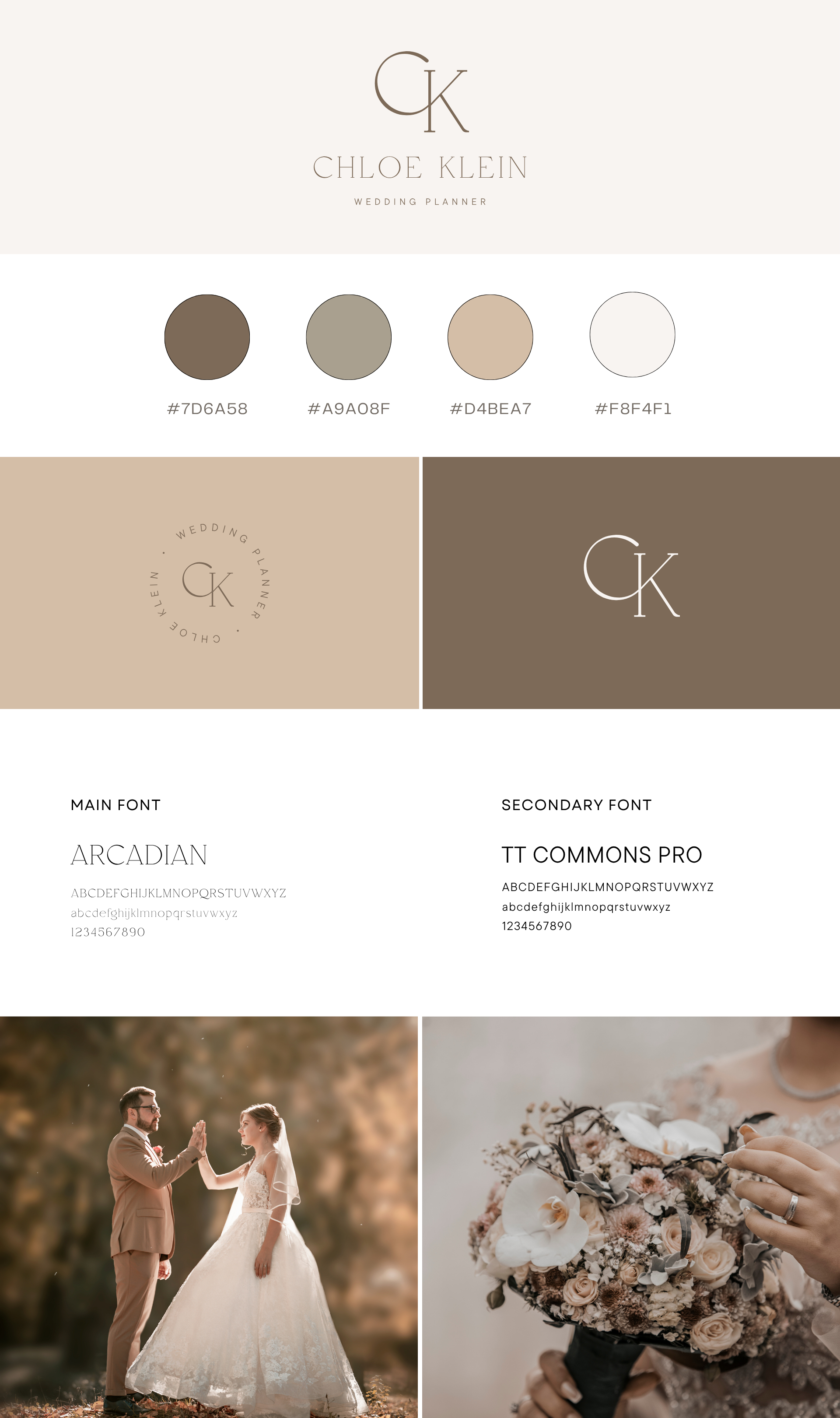 Wedding planner branding sheet featuring logo, color palette, font details, and wedding photos, including a couple exchanging vows and a bouquet of flowers.