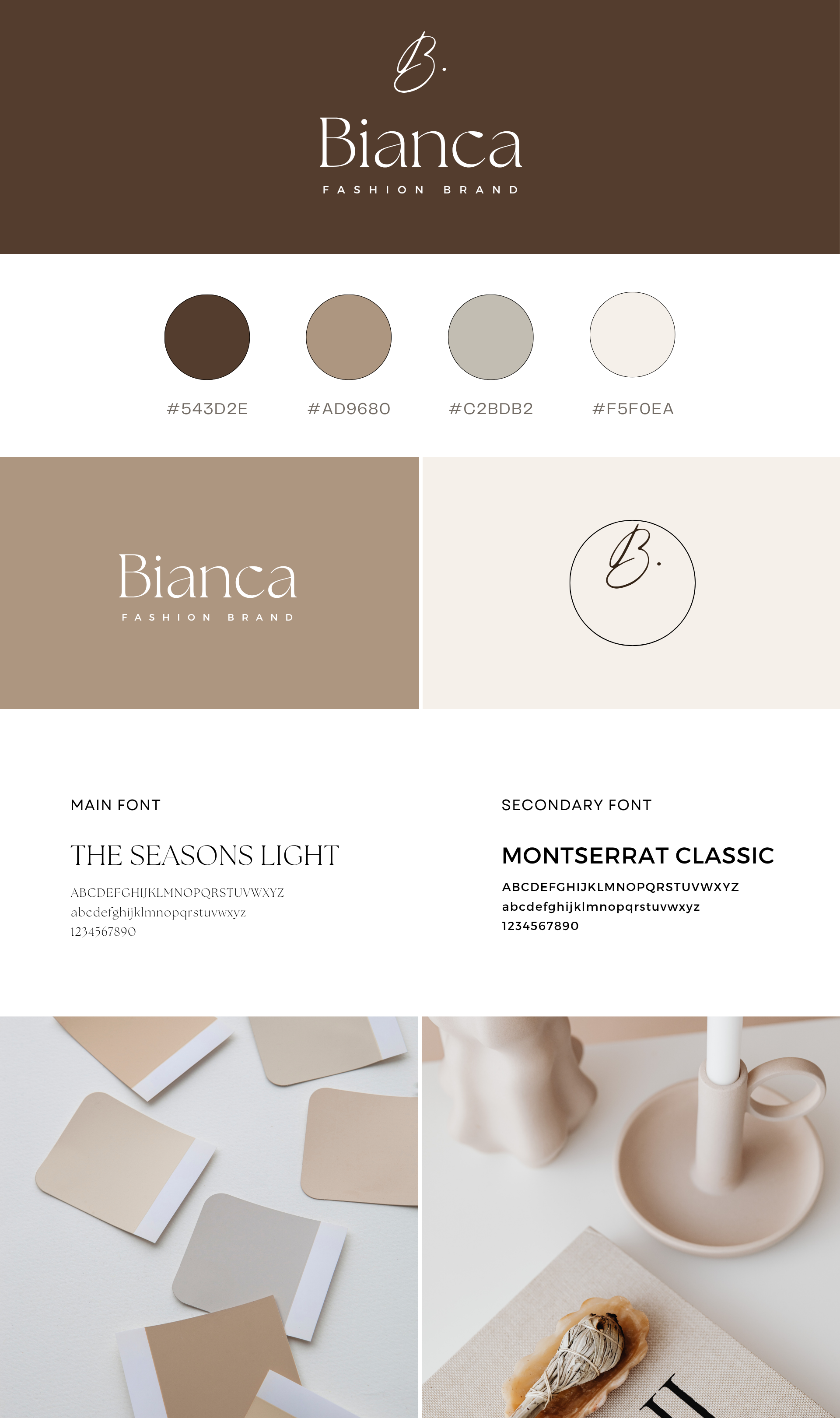 Design board for Bianca fashion brand featuring the brand logo, color palette with shades of brown and beige, and sample typography with 'The Seasons Light' and 'Montserrat Classic' fonts, along with samples of beige and cream-colored objects and textured fabrics.