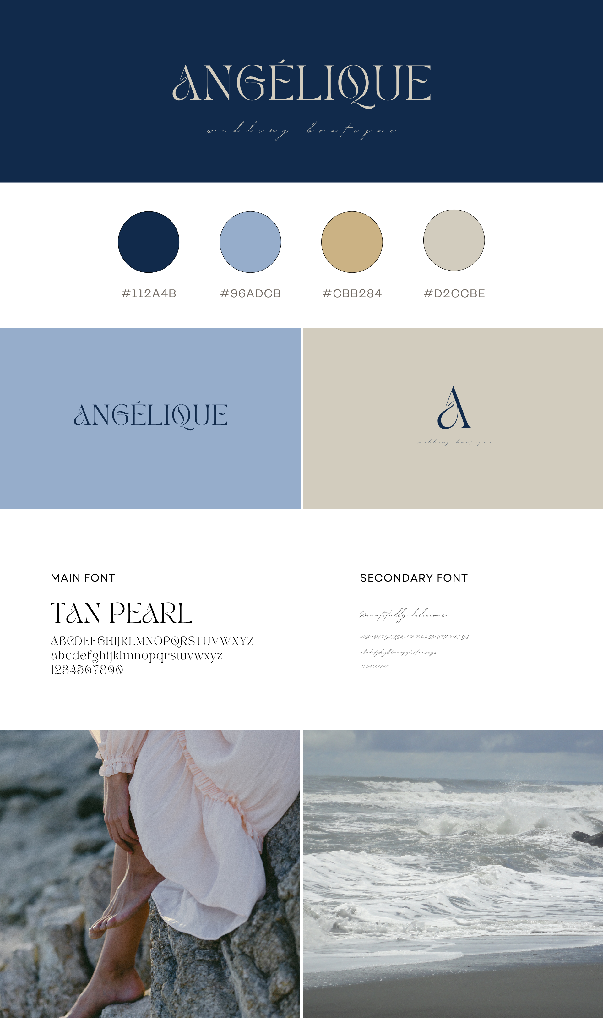 A collage with a branding and logo design for 'Angélique Wedding Boutique'. The top section features the brand name in a stylish serif font with the tagline underneath. Below are color swatches with hex codes, followed by two sections displaying the brand's name in a serif font and a script font, respectively. The bottom part of the image shows two photographs: one of a woman in a white dress sitting on rocks near the ocean, and the other of waves crashing on the shore.