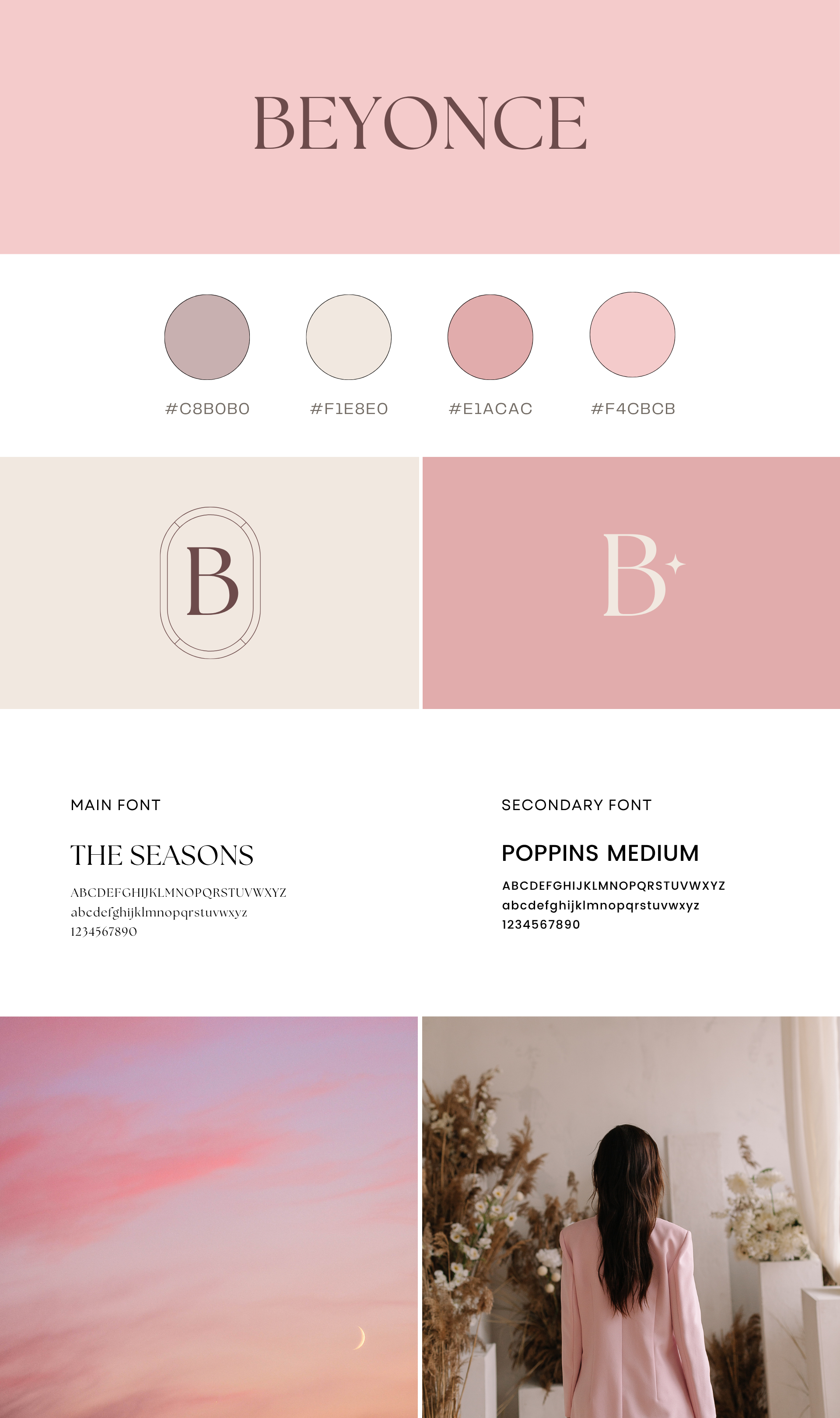 A digital design showcasing various shades of pink, cream, and beige, with text demonstrating different fonts, including 'The Seasons' in a serif font and 'Poppins Medium' in a sans-serif font. There are aesthetic images of a sunset with a crescent moon and a woman with long dark hair in a pink blazer standing in a room with dried flowers.