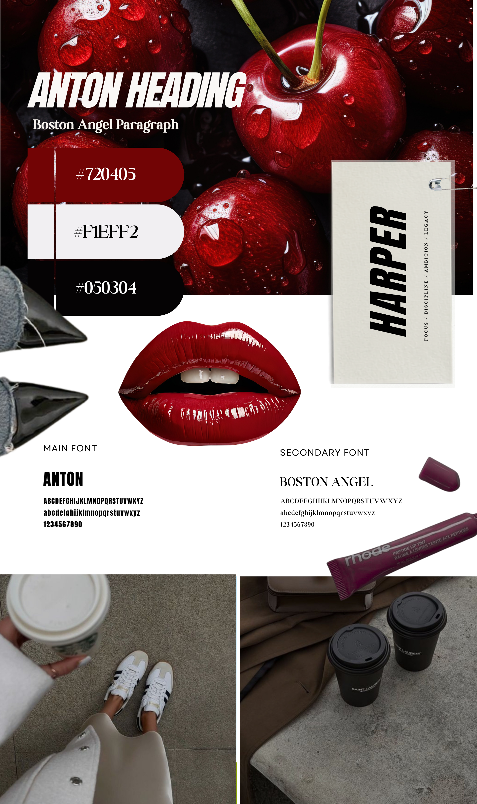 Collage of two images. The top part features a promotional design with red cherries with water drops, bold white and black text, color swatches, and a lip image. The bottom part shows a person holding a coffee cup, standing on a beige carpet with white sneakers, and additional coffee cups on a brown bench.