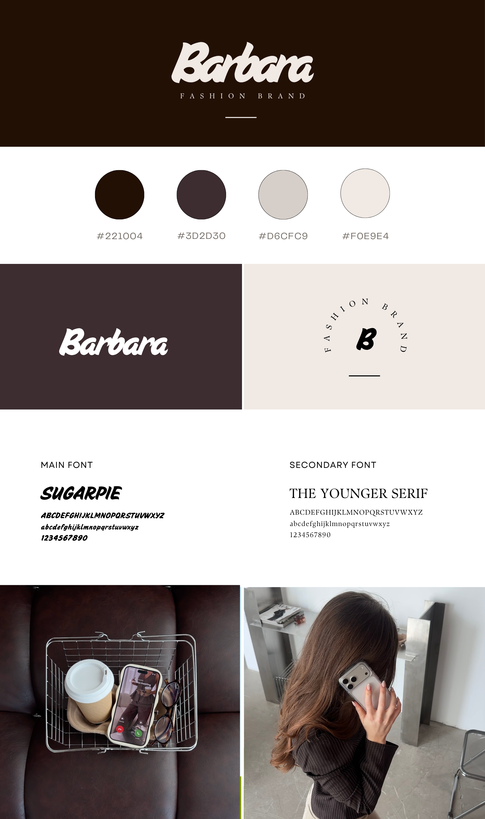 A mood board for the fashion brand Barbara featuring a dark brown, dark gray, light gray, and off-white color palette along with logo and font details. The main font is Sugarpie, a bold, cursive style, and the secondary font is The Younger Serif, a classic serif typeface.