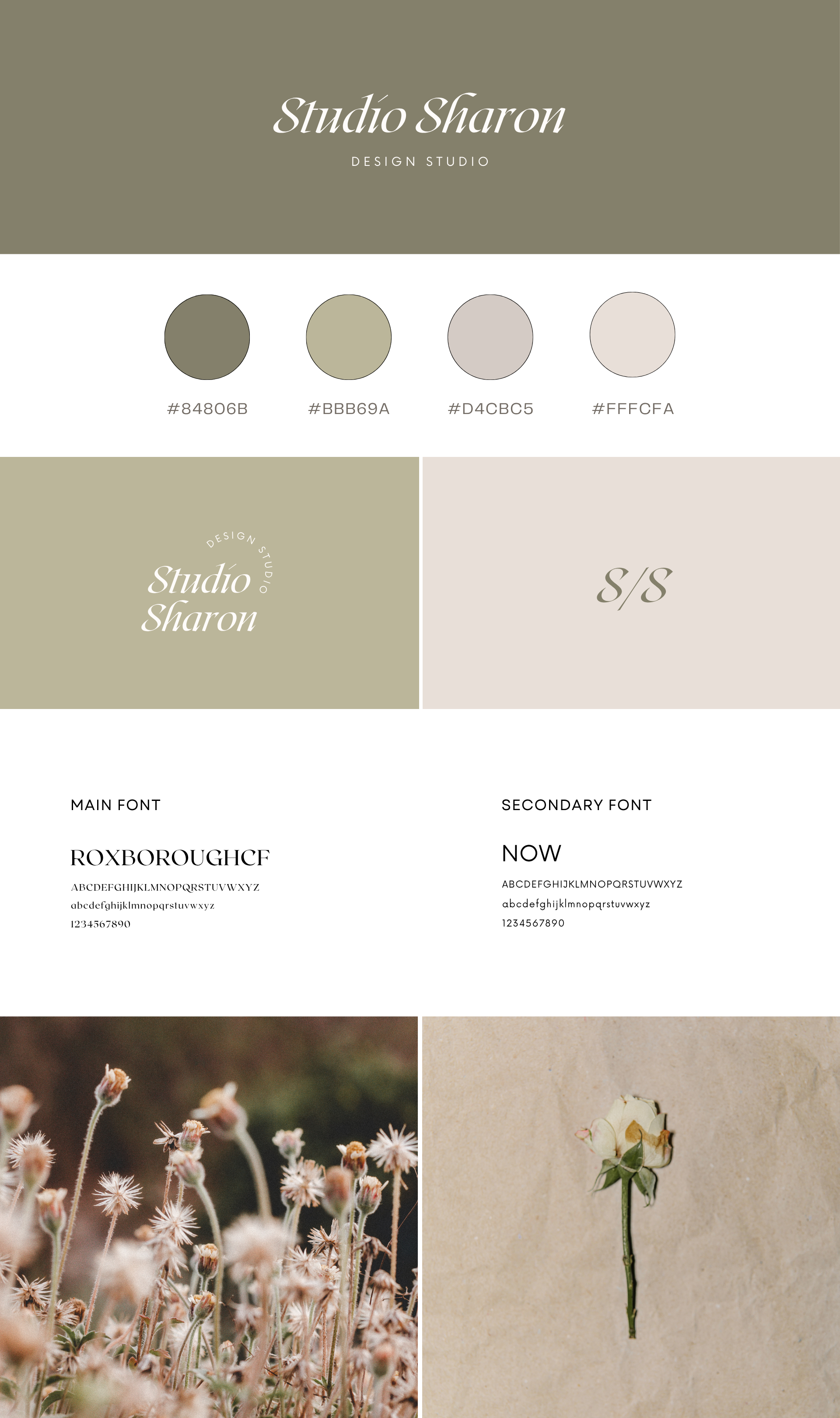 A design style guide featuring a color palette with four shades of beige and brown, font samples for main and secondary fonts, and two photos of flowers and a pink rose.