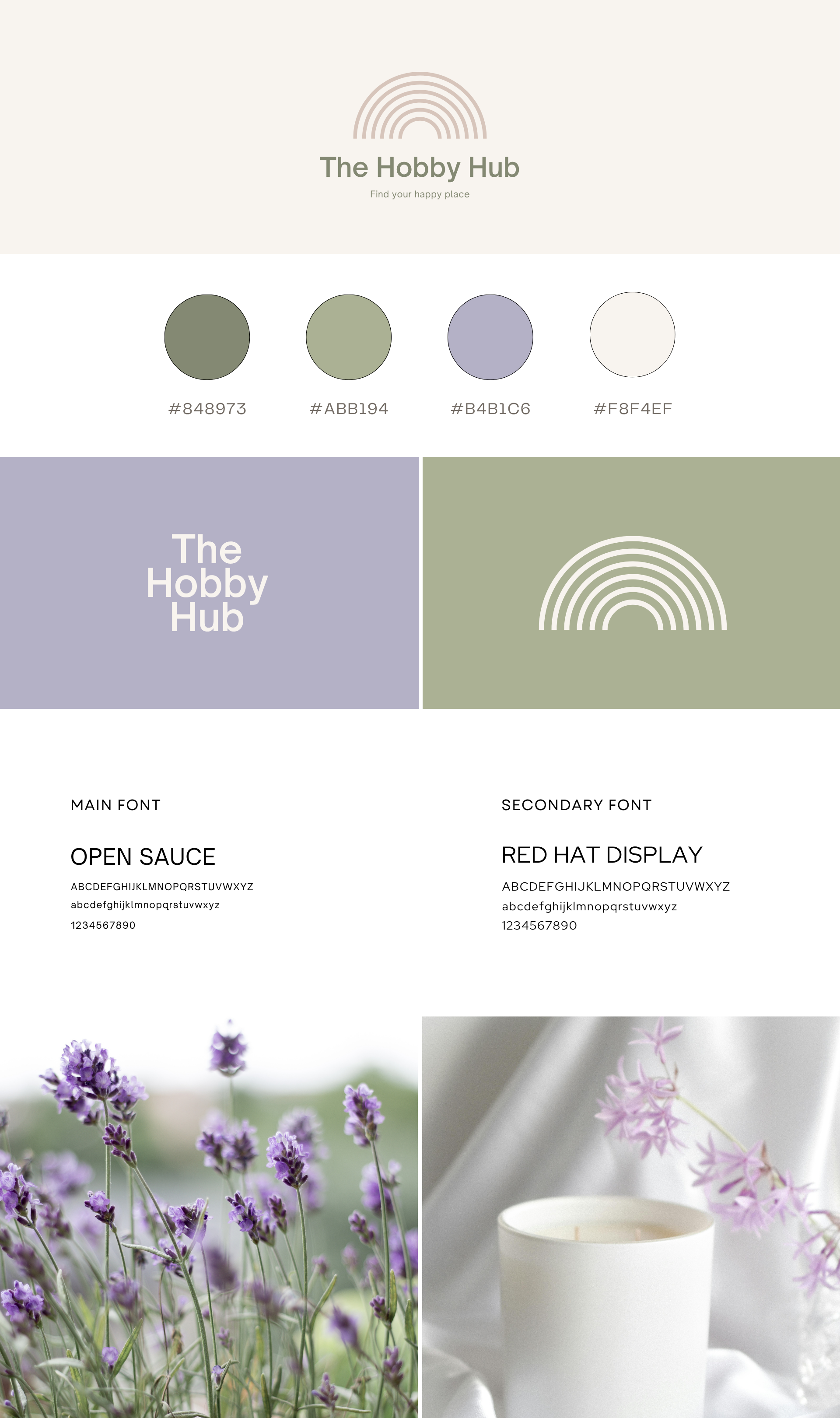 A website design featuring a logo with a rainbow icon and the text 'The Hobby Hub', color palette swatches, and sections showcasing purple hydrangea flowers and a white candle with purple flowers in the background.