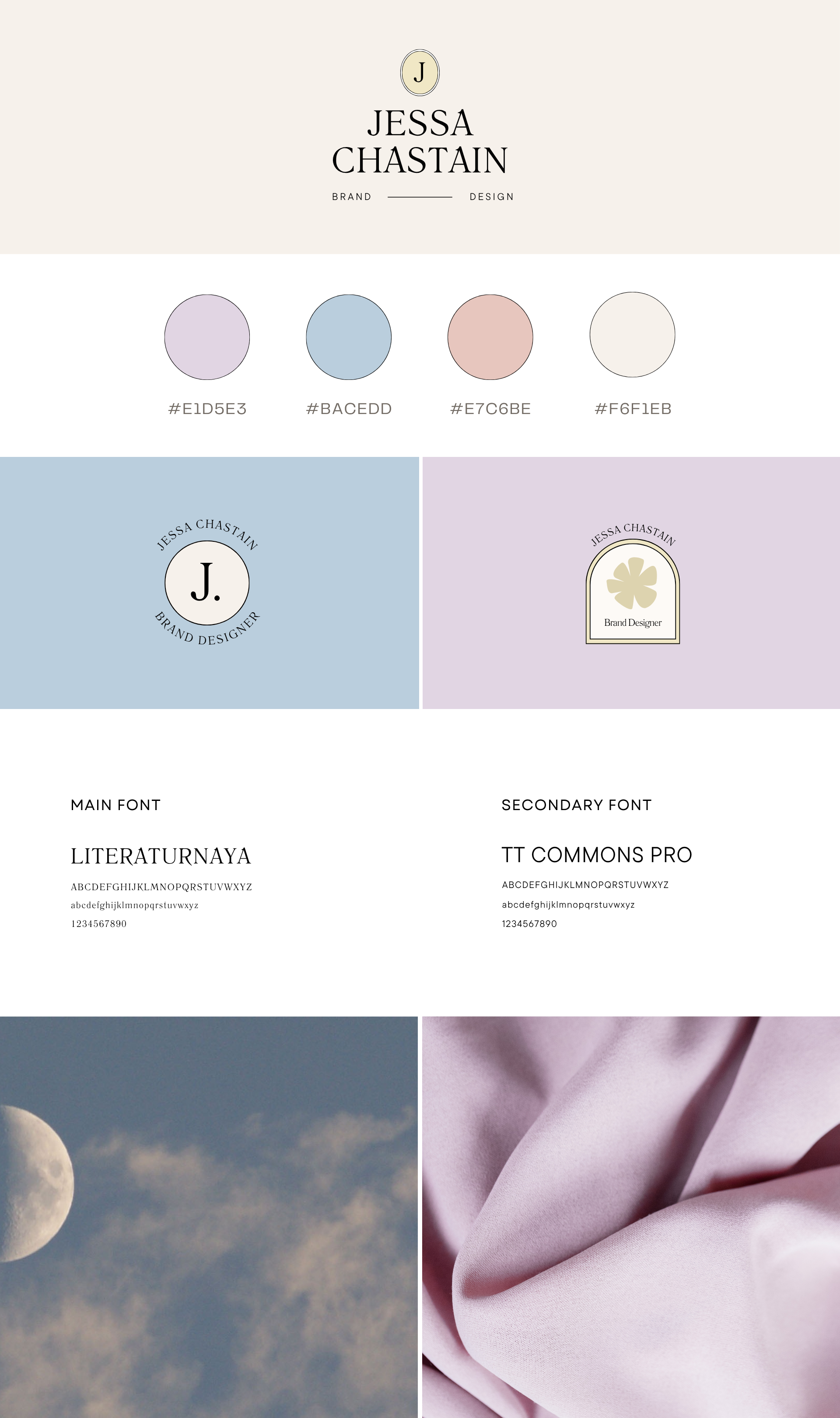 A branding and design style guide for Jessa Chastain featuring color swatches, logos, and font samples, with images of the moon and satin fabric.