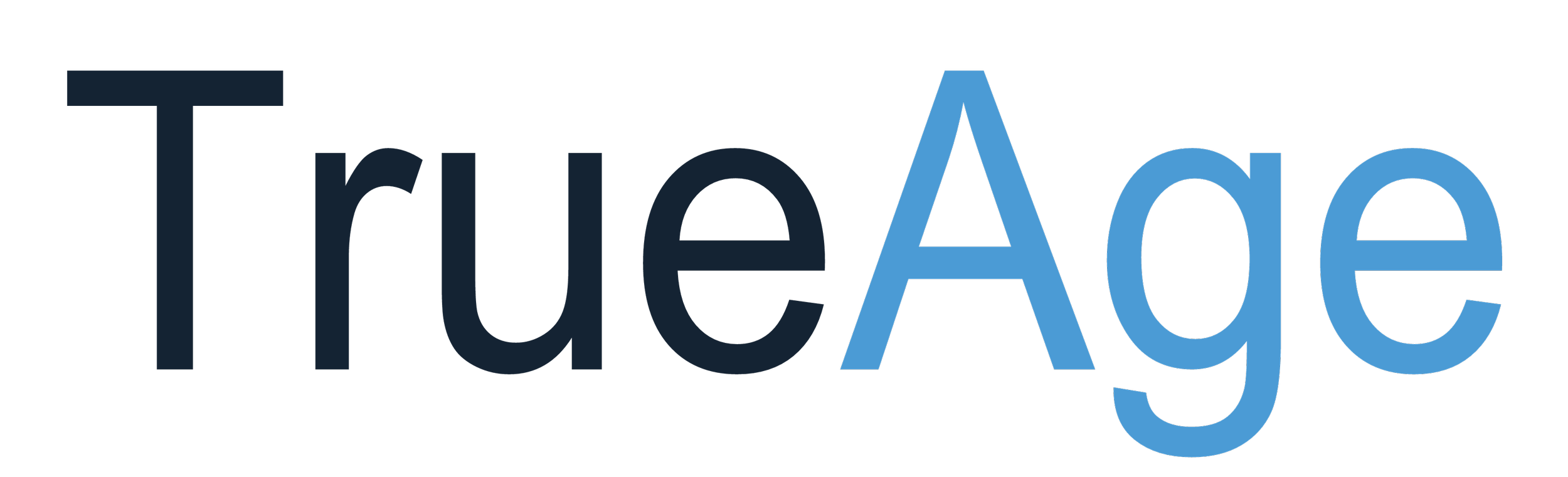 The logo displays the word 'TrueAge', with the 'A' stylized as a blue triangle.