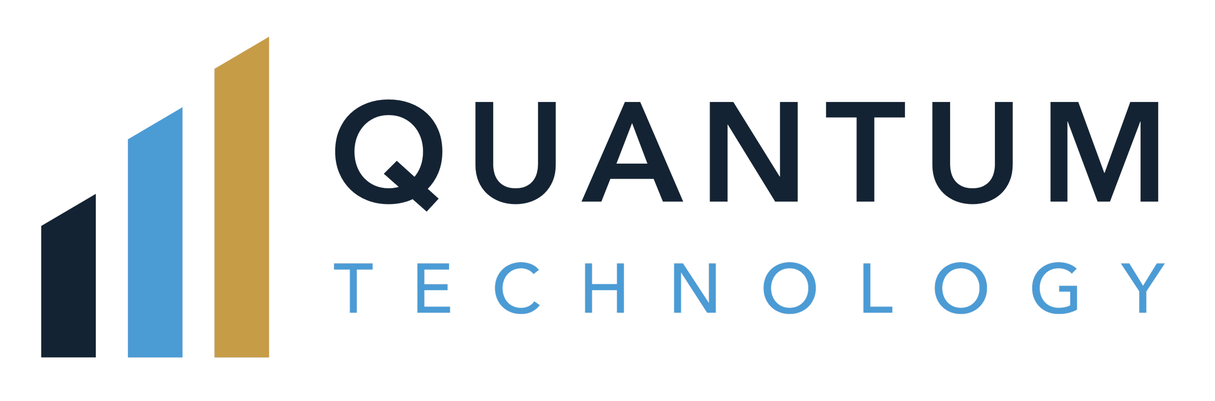 Quantum Technology logo featuring three vertical bars in dark blue, light blue, and gold, with the words "QUANTUM TECHNOLOGY" to the right in dark blue and light blue text.