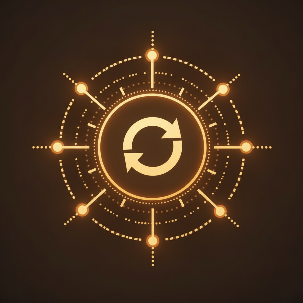 Futuristic digital graphic of a circular refresh or sync icon surrounded by concentric circles and dotted lines with glowing points, resembling a technological or data process interface.