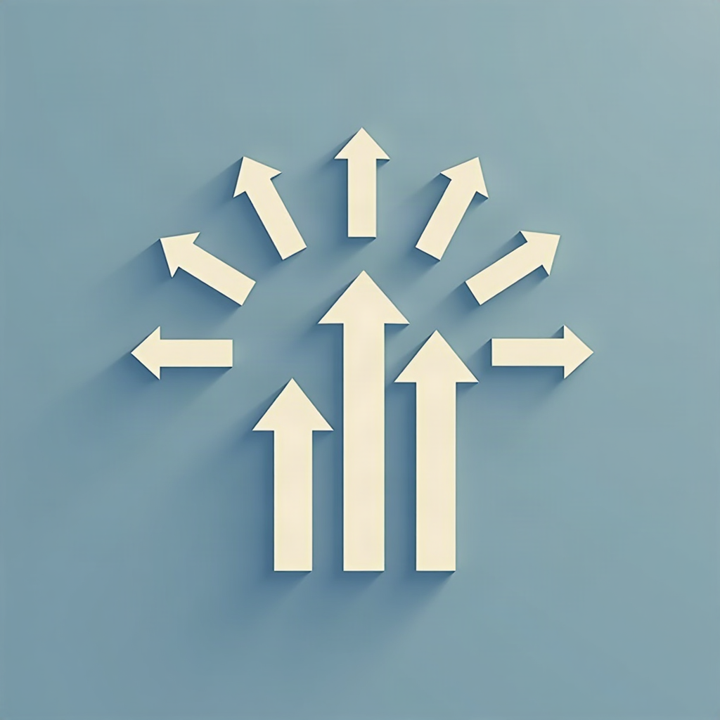 Multiple white arrows pointing in different directions on a light blue wall.