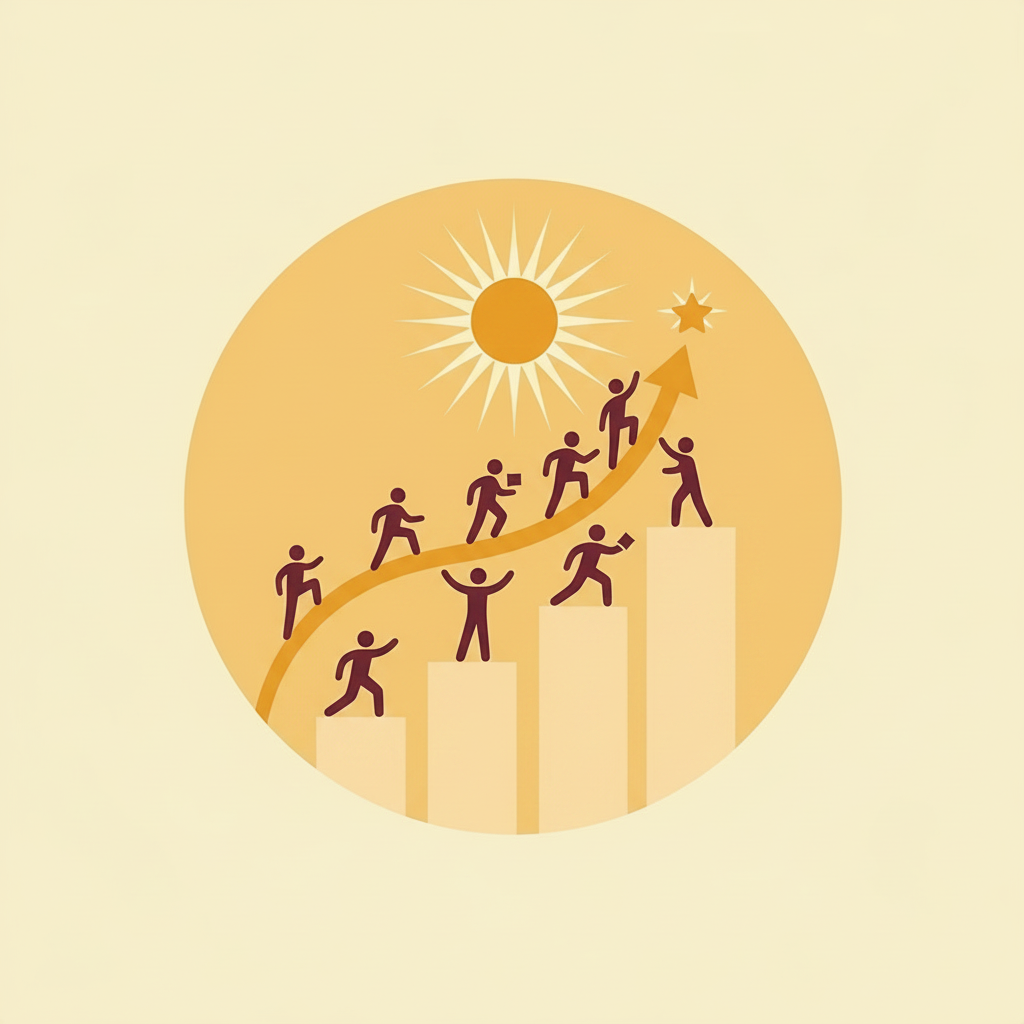 Illustration of people climbing ascending bars in a staircase pattern towards a star and sun, symbolizing growth and progress.