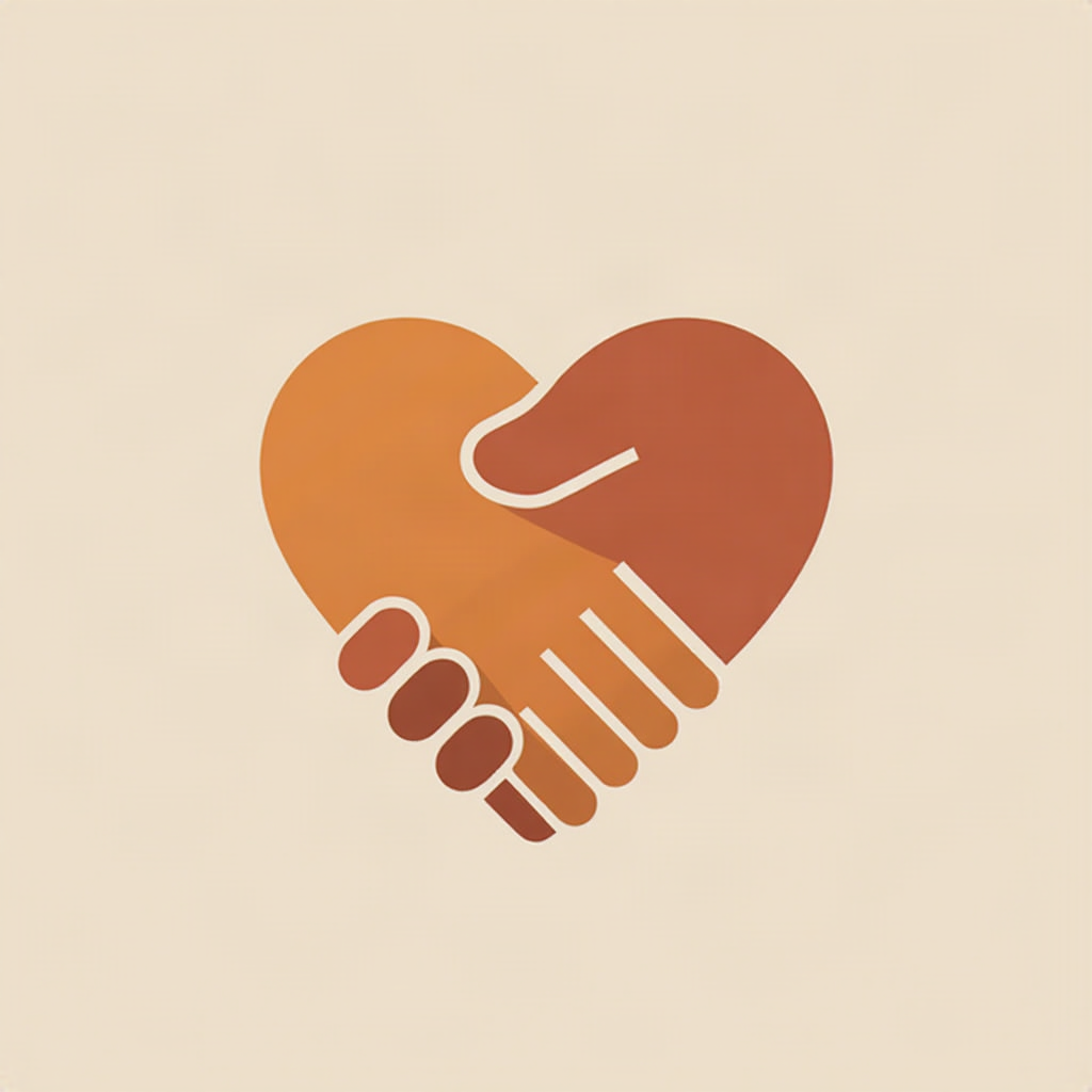A graphic of two hands shaking, shaped like a heart.
