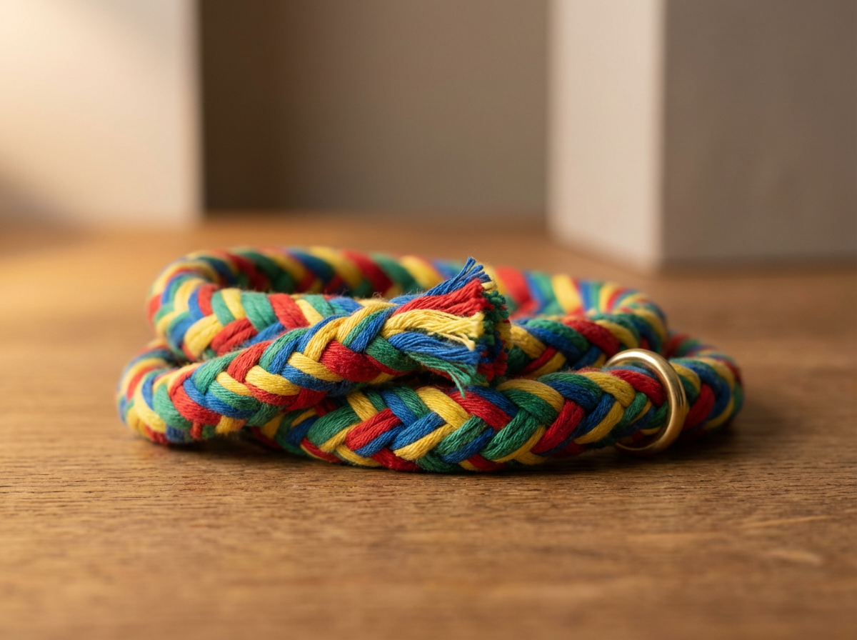 Colorful braided fabric bracelet with a gold ring on a wooden surface.