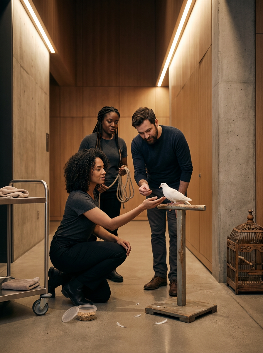 Three people, two women and one man, are around a white dove perched on a wooden stand in an indoor setting with wooden walls, engaged in a bird training or interaction activity.