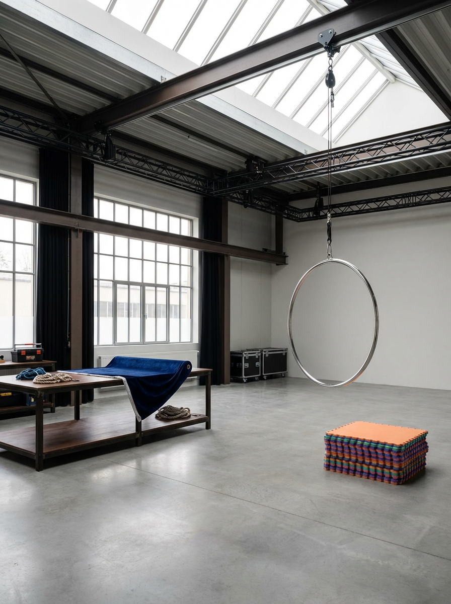 An empty indoor space with a large window, metal table with fabrics, a suspended metal ring, a colorful foam block, and equipment in the background.