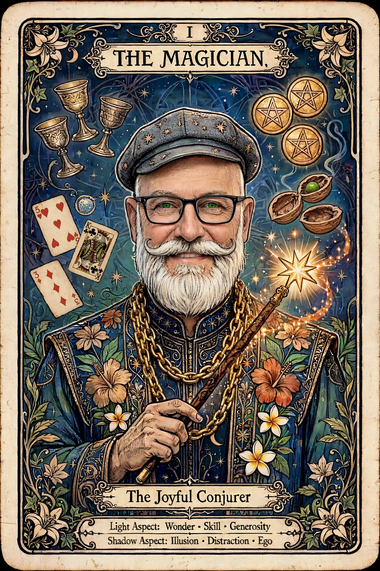 Ornate tarot card titled "The Joyful Conjurer" featuring a man with a beard, glasses, and a pointed hat, holding a wand with sparks. Surrounded by symbols of a book, cups, coins, and walnuts, with floral and starry decorative borders and a legend emphasizing light aspects of wonder, skill, and generosity, and shadow aspects of illusion, distraction, and ego.