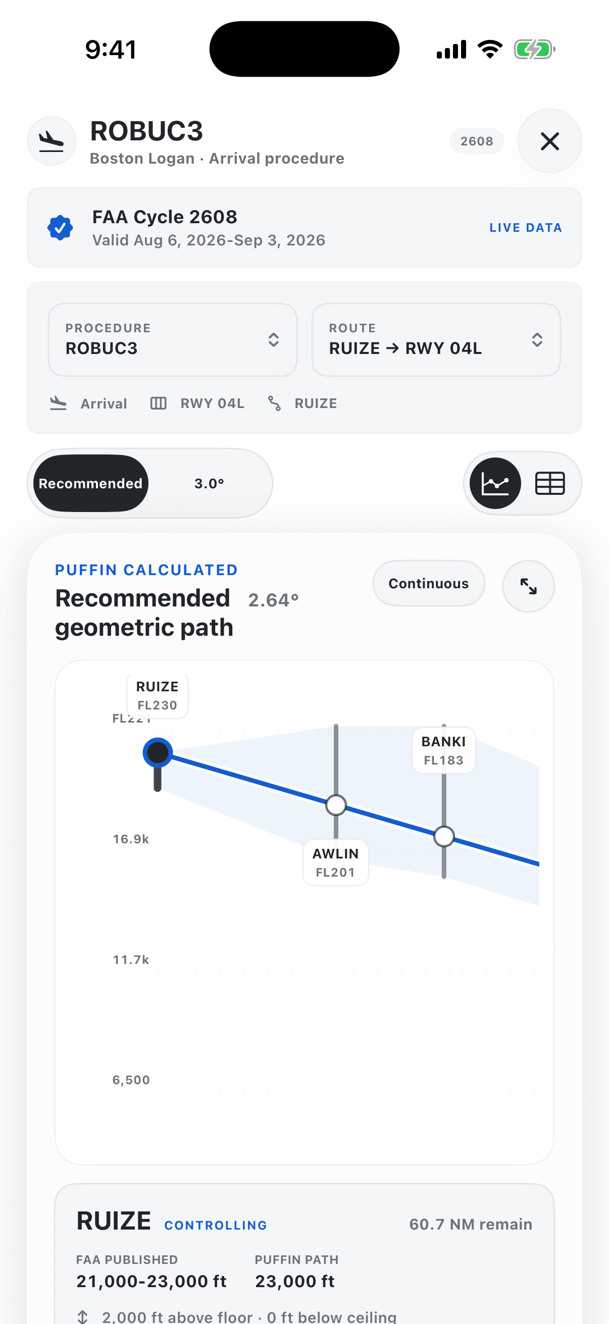 Puffin Crew procedure profile showing route geometry and a recommended path.