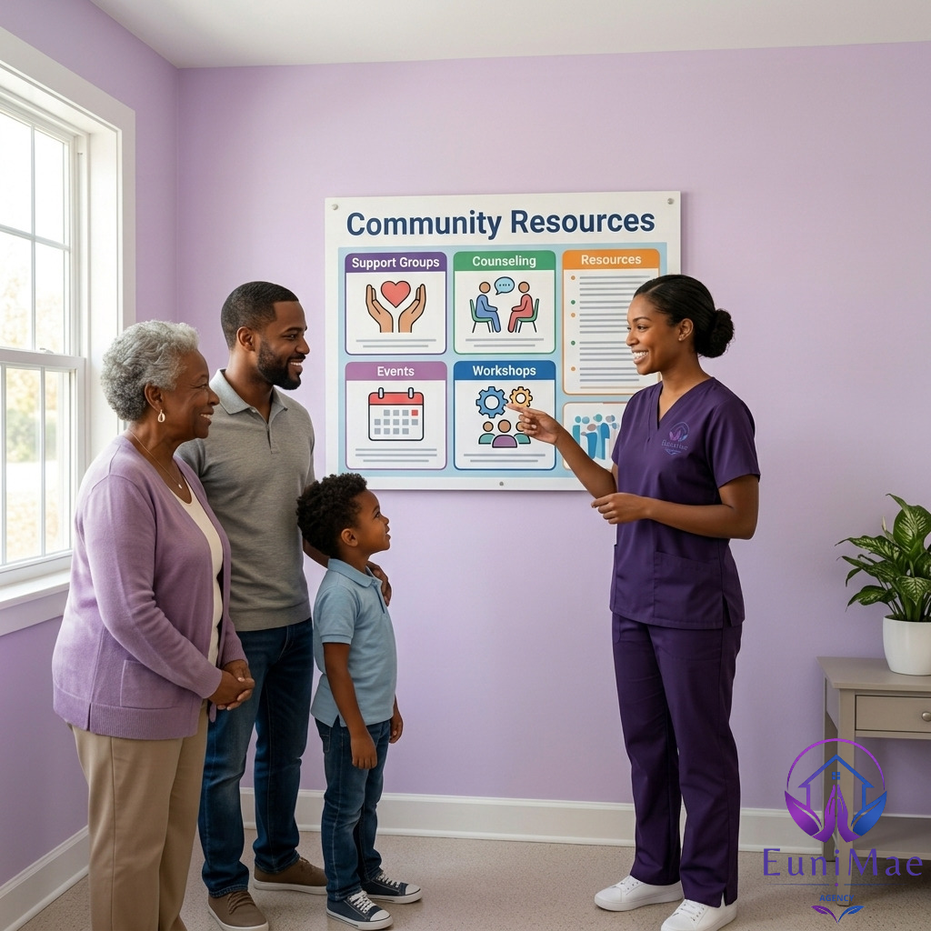 A healthcare worker in purple scrubs engaging with a multigenerational family in front of a community resources board, discussing available support services.
