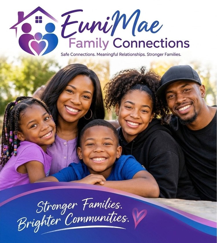 A happy multiracial family of five smiling outdoors with trees in the background, promoting EuniMae Family Connections with the tagline "Stronger Families. Brighter Communities."