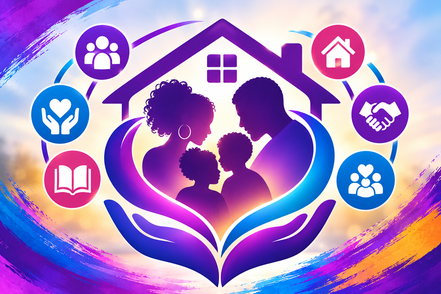 Silhouettes of a family of four inside a house with symbols representing love, community, home, partnership, education, and care surrounding them, set against a colorful abstract background.
