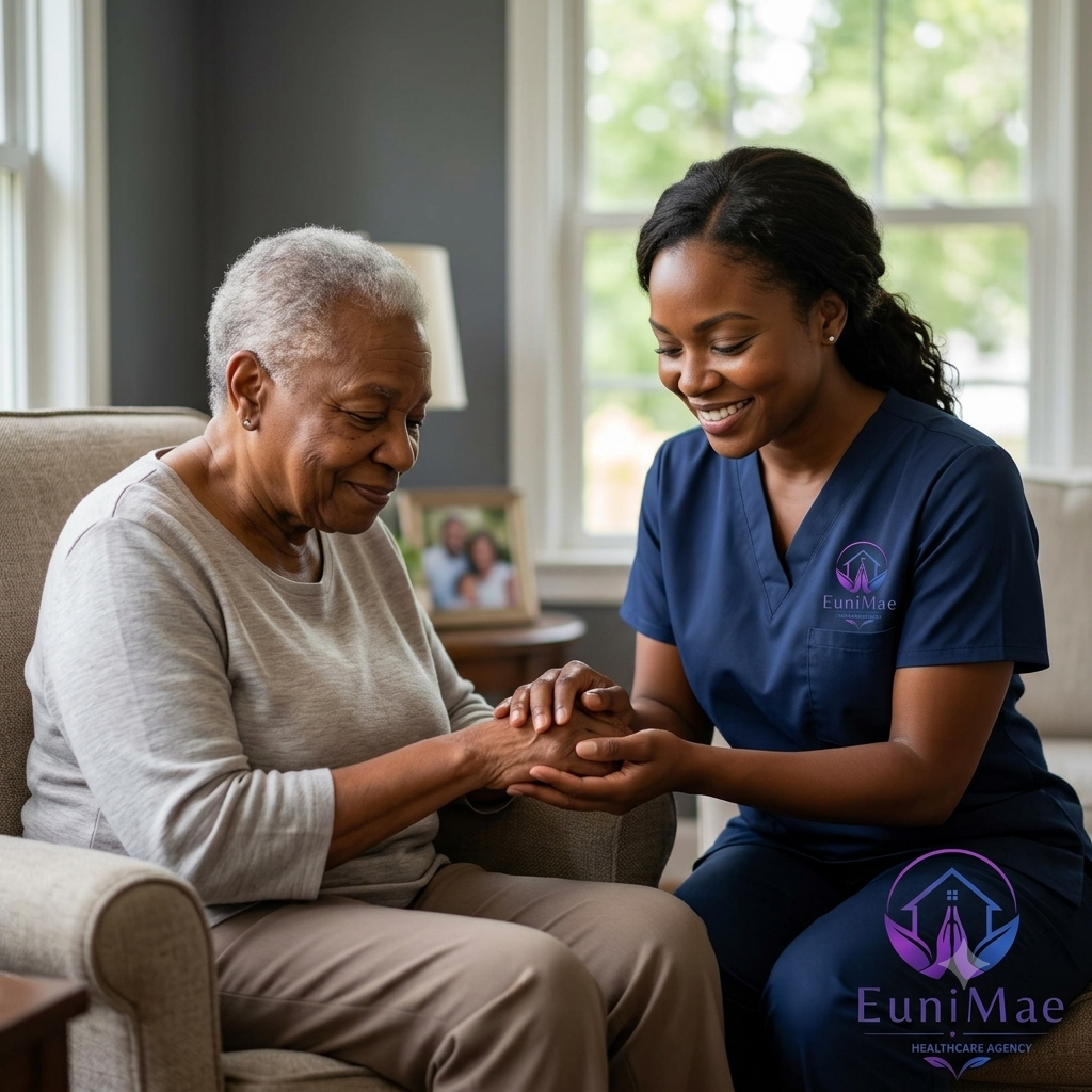 A healthcare worker smiling and holding an elderly woman's hand in a living room with large windows and a framed family photo in the background.