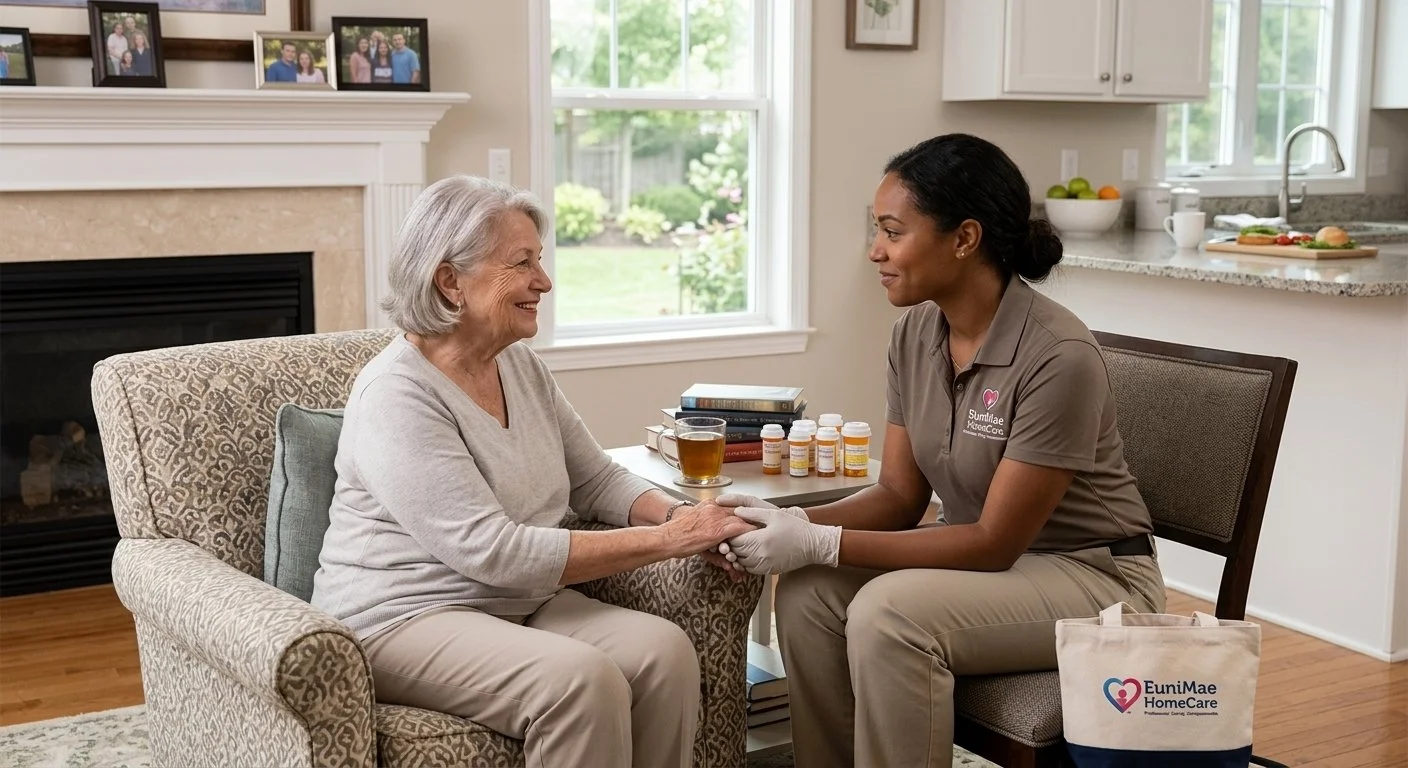 A healthcare worker in a tan uniform and white gloves holding hands and talking with an elderly woman seated on a patterned armchair in a cozy living room. The background shows a fireplace, family photos on the mantel, and a kitchen with a bowl of fruit on the counter.
