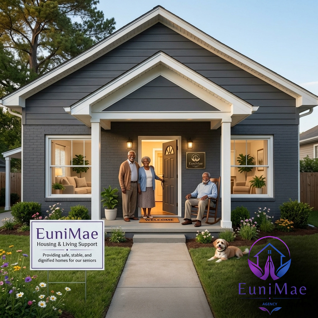 A family standing on the front porch of a house with two elderly men, one sitting in a chair and the other and a woman standing together. A dog is lying on the lawn. The house has gray siding, large windows, and a welcoming entrance. There are signs for EuniMae Housing & Living Support, indicating they provide services for seniors.