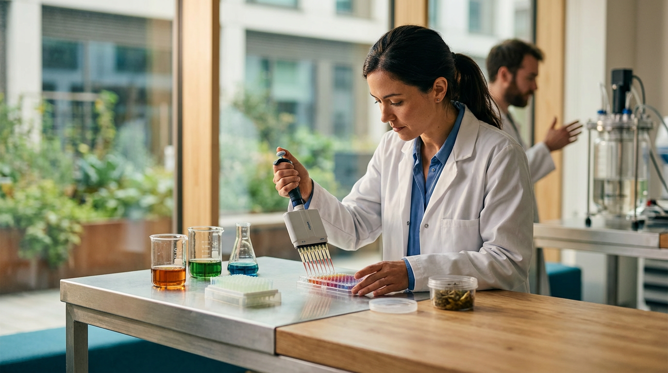 A female scientist in a white lab coat is conducting an experiment with test tubes containing colorful liquids in a laboratory. A male scientist is working in the background.