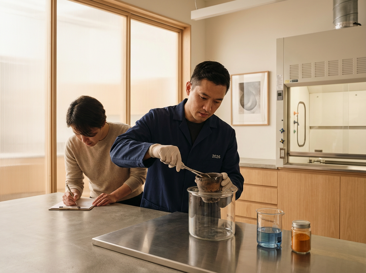 Two scientists working in a laboratory; one is carefully pouring a liquid into a container while the other takes notes.