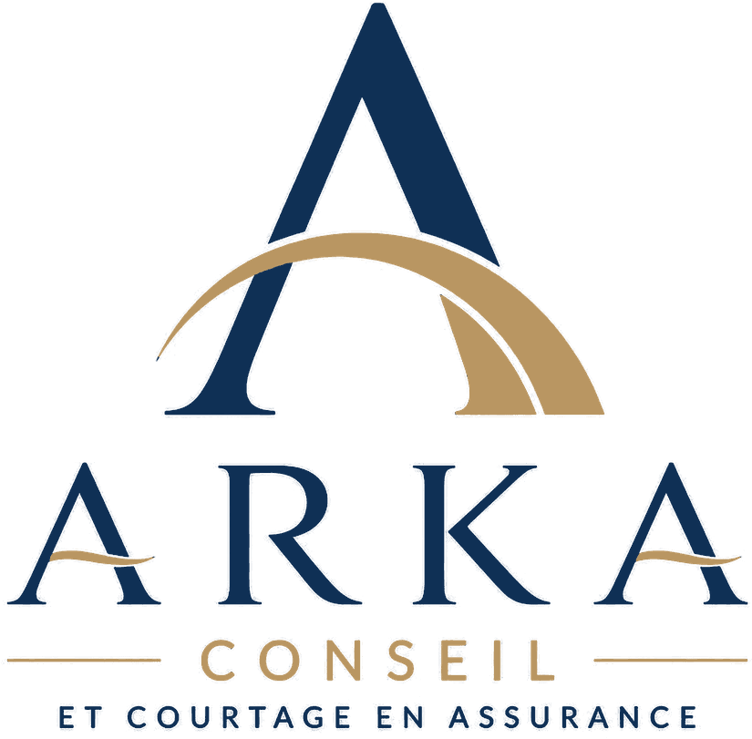 Logo d'Arka Conseil avec une grande lettre A stylisée et le texte "ARKA Conseil et courtage en assurance" dessous.