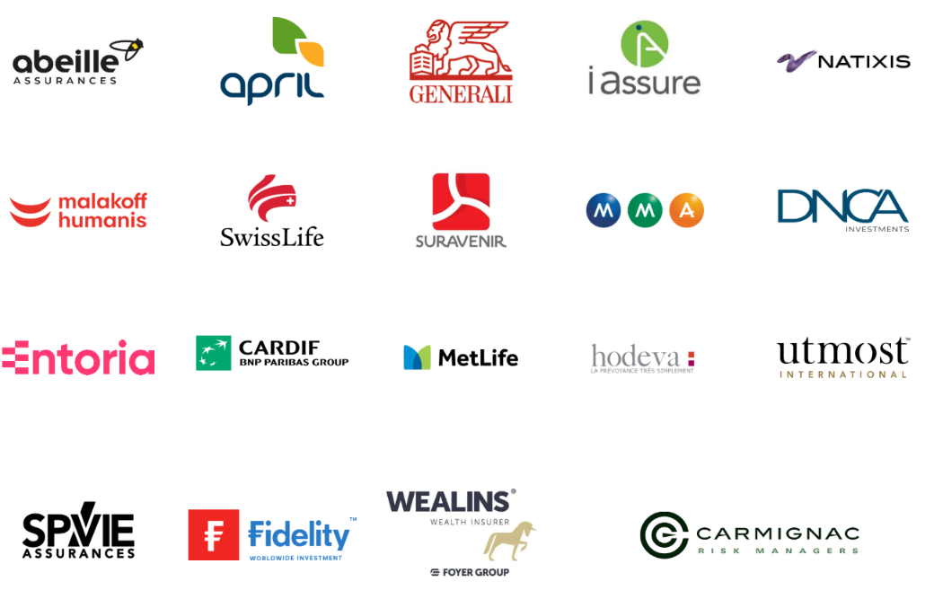 Logos de diverses compagnies d'assurance et d'investissement disposés en grille.